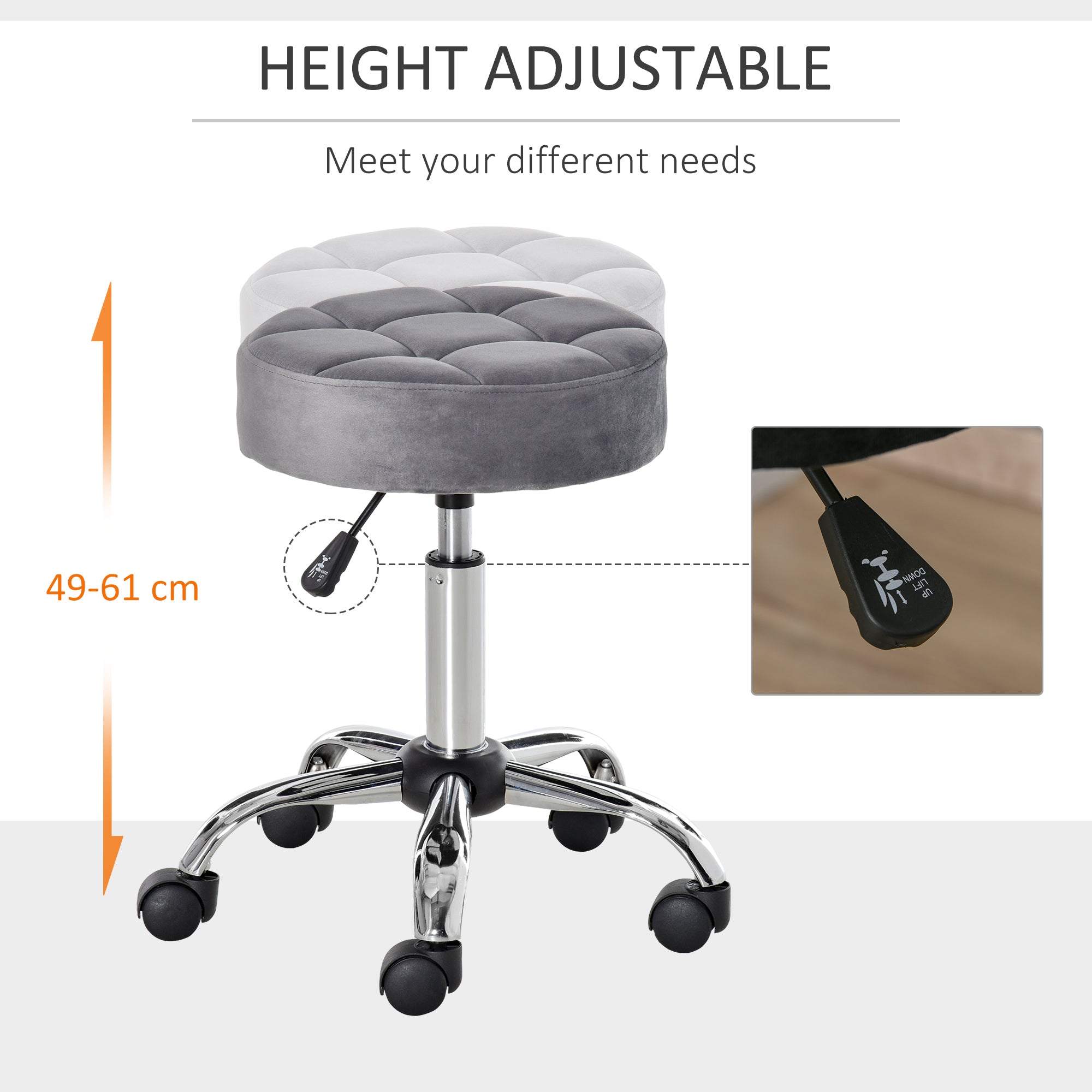 Round Rolling Stool, Height Adjustable Vanity Chair, Upholstery Office Chair with Swivel Seat and Wheels, Grey