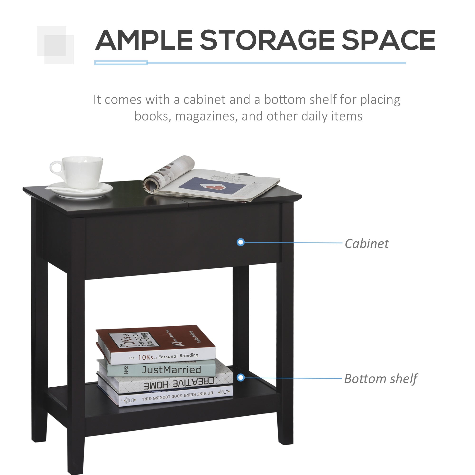 End Table, Narrow Side Table with Flip Top, Storage Cabinet, Bottom Shelf for Living Room, Dark Coffee