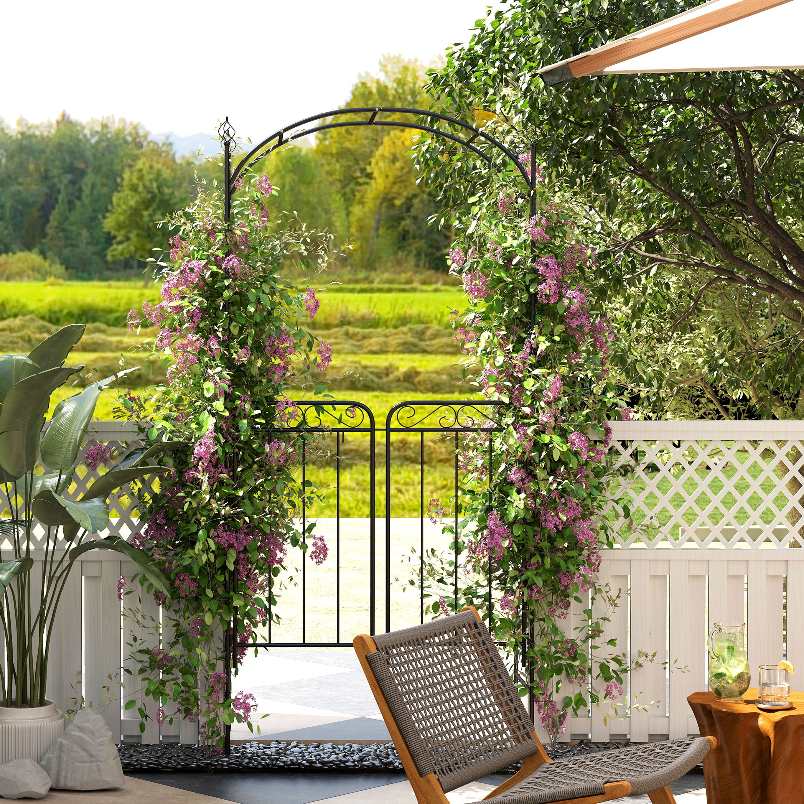 84" Garden Arch Arbor with Gate, Metal Arch Trellis, Garden Archway for Climbing Vines, Wedding Ceremony Decoration, Flourishes & Arrow Tips, Black