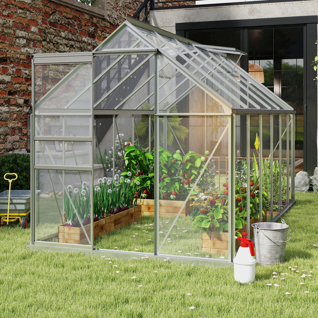 12' x 6' x 6.5' Polycarbonate Greenhouse with Aluminum Frame, Walk-in Heavy Duty Green House with Adjustable Roof Vent, Rain Gutter and Sliding Door for Winter, Silver