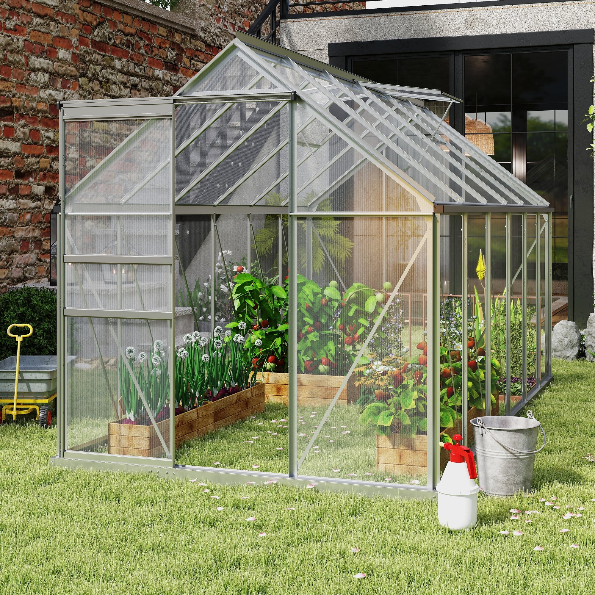 12' x 6' x 6.5' Polycarbonate Greenhouse with Aluminum Frame, Walk-in Heavy Duty Green House with Adjustable Roof Vent, Rain Gutter and Sliding Door for Winter, Silver