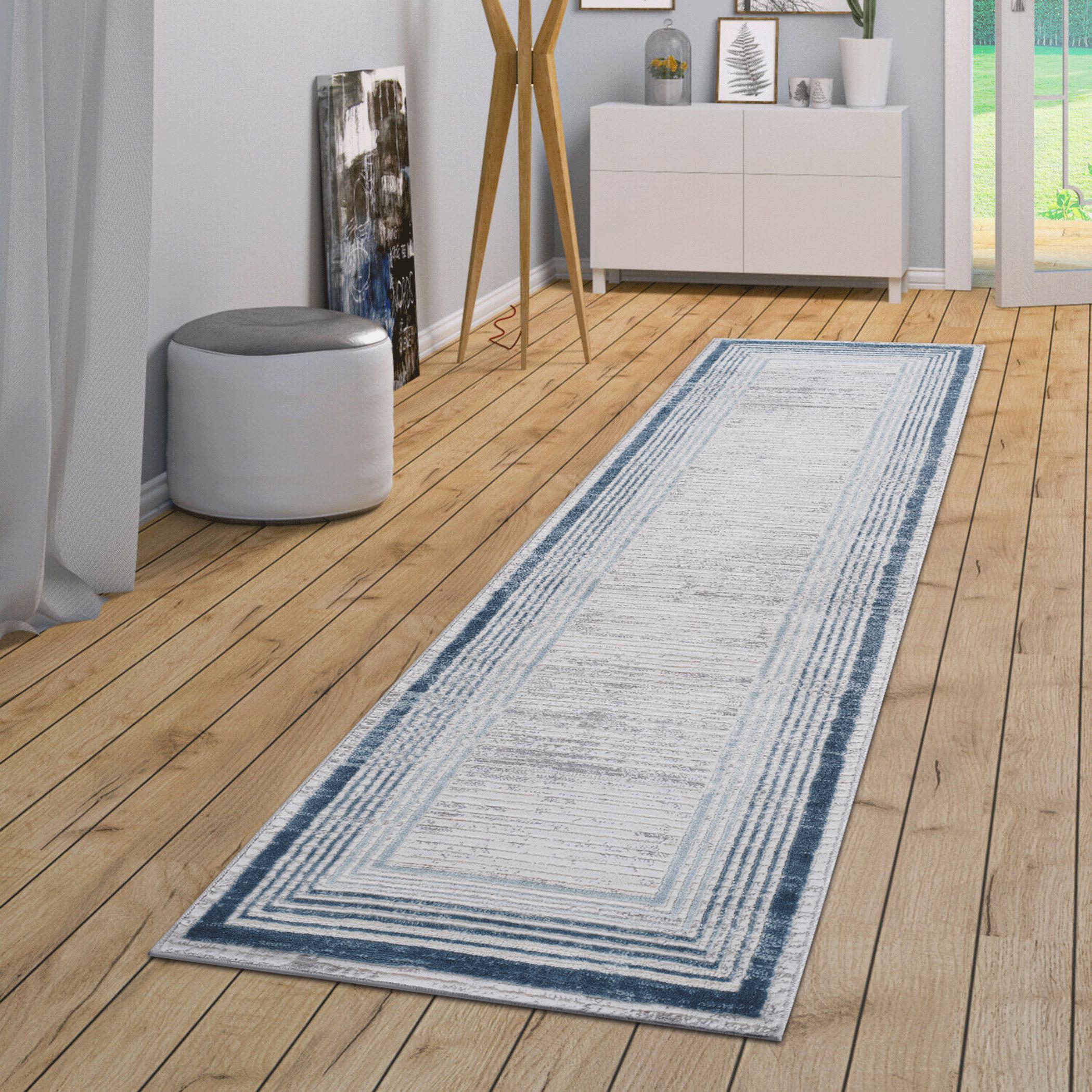 Naar 2x8 Stain-Resistant Area Rug with Cotton Backing, Medium Pile Height, Kid and Pet-Friendly Carpet, 96" L x 26" W x 0.35" H, Blue