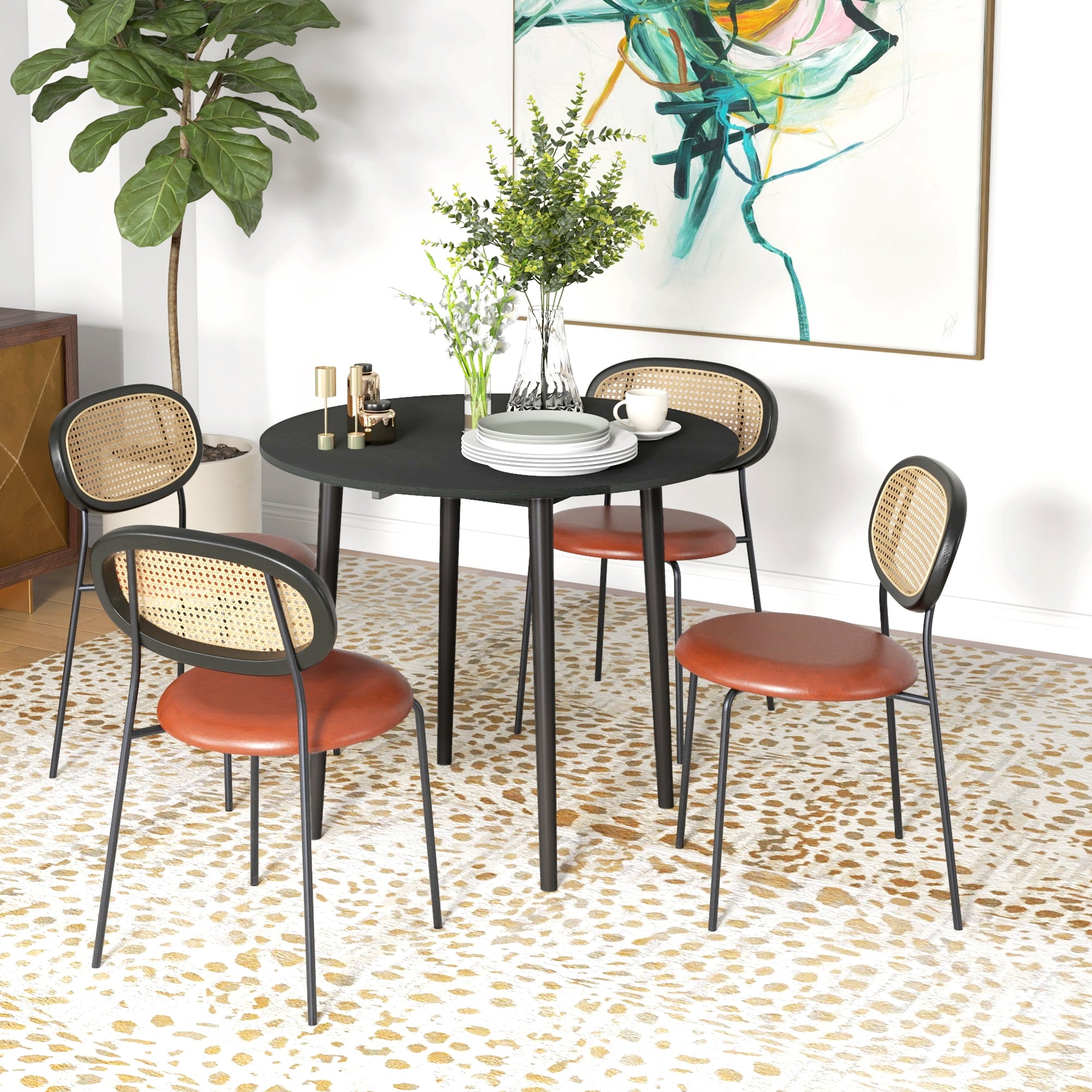 Folding Dining Table, Round Drop Leaf Kitchen Table for Small Spaces with Wood Legs, Black