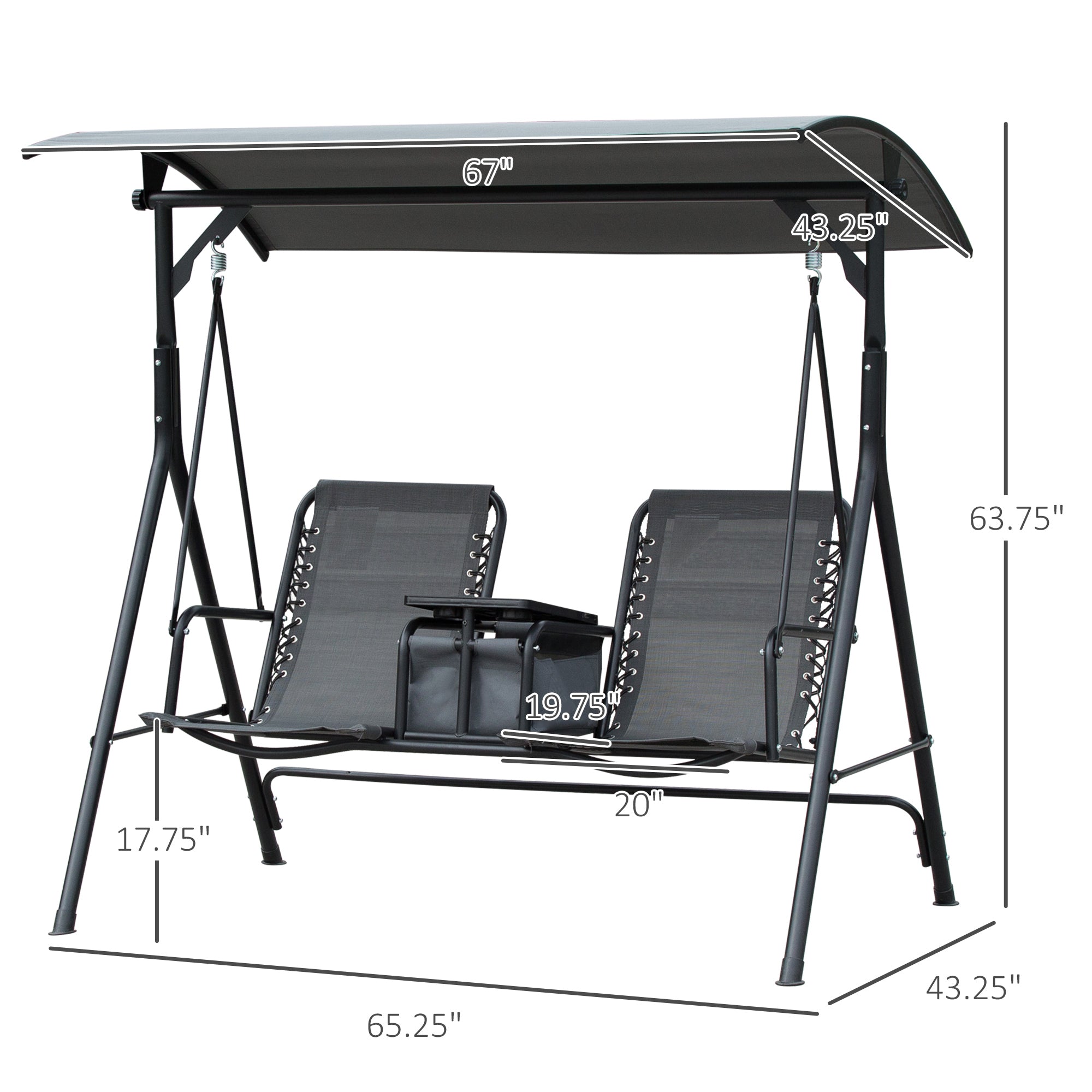 2-Seat Outdoor Porch Swing, with Pivot Storage Table, Cup Holder, & Adjustable Overhead Canopy, Stand's Skid-Resistant Feet Pad, Breathable Mesh Seat, Steel Frame, for Patio, Gray