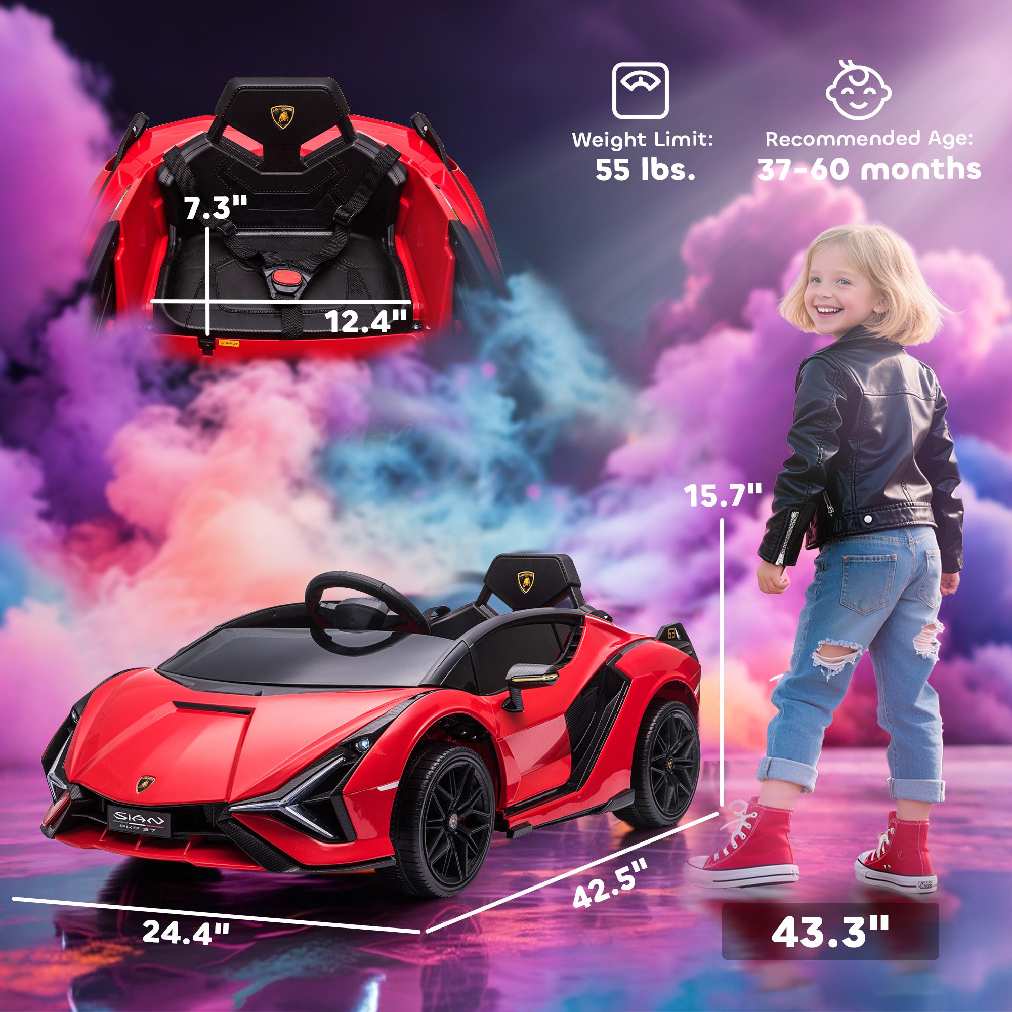 12V SIAN Licensed Electric Car for kids with Remote Control, Horn, Music, & Headlights, Red