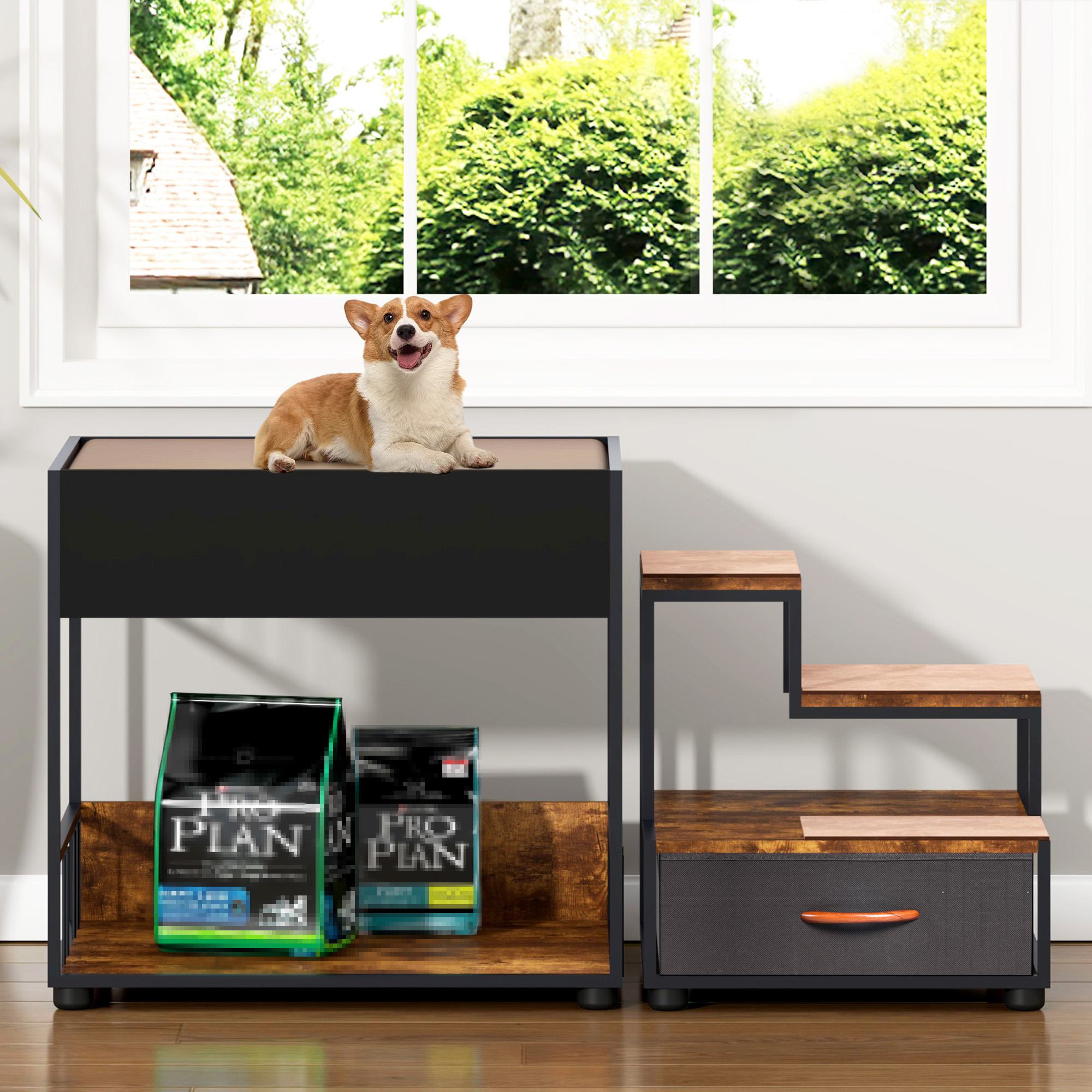Dog Window Perch with Steps, Non-Slip Pad, Storage Drawer, and Sponge Cushion, Pet Bunk Bed, 47.5" L x 20" W x 25.5" H, Black+Vintage