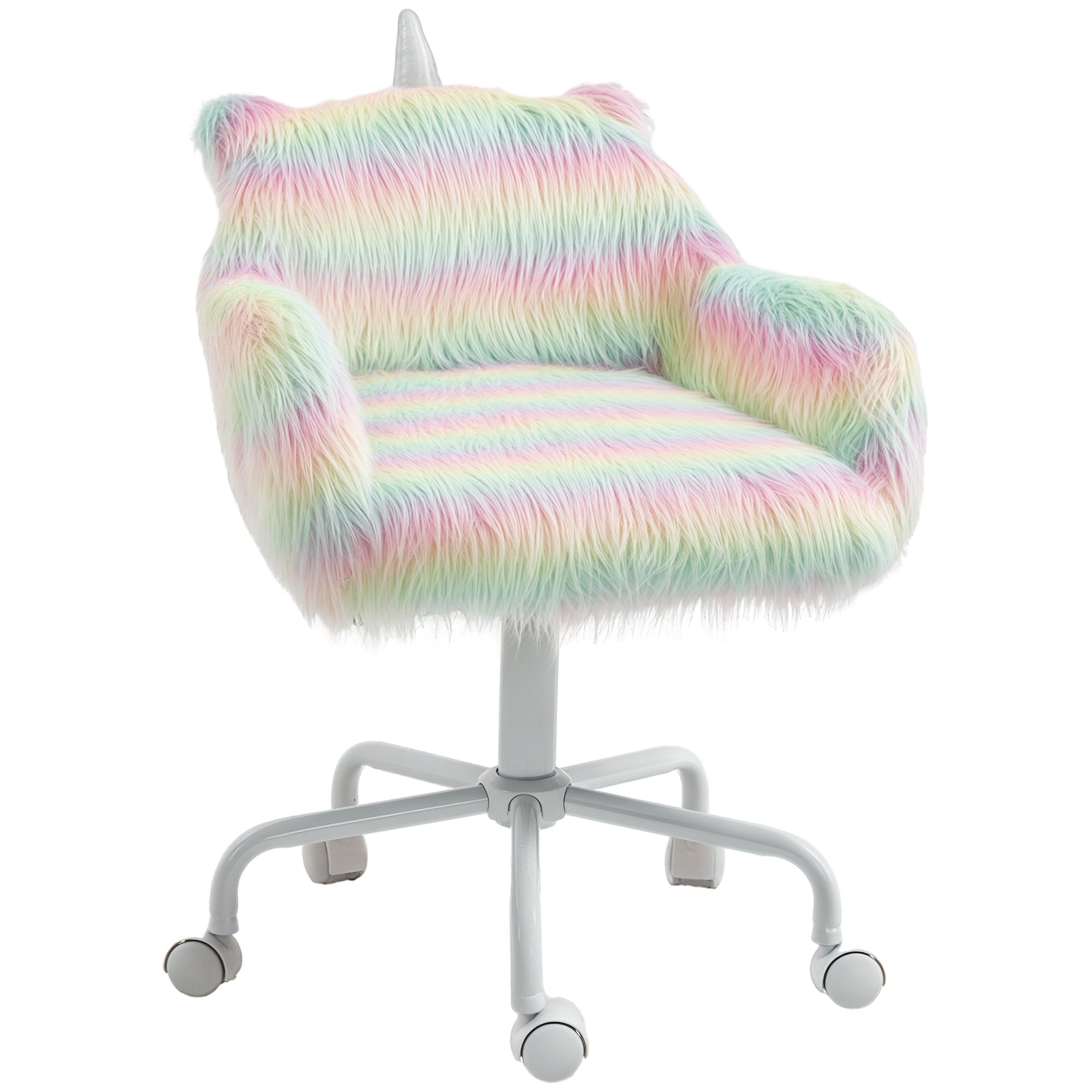 Fluffy Unicorn Office Chair with Mid-Back and Armrest Support, 5 Star Swivel Wheel White Base, Rainbow