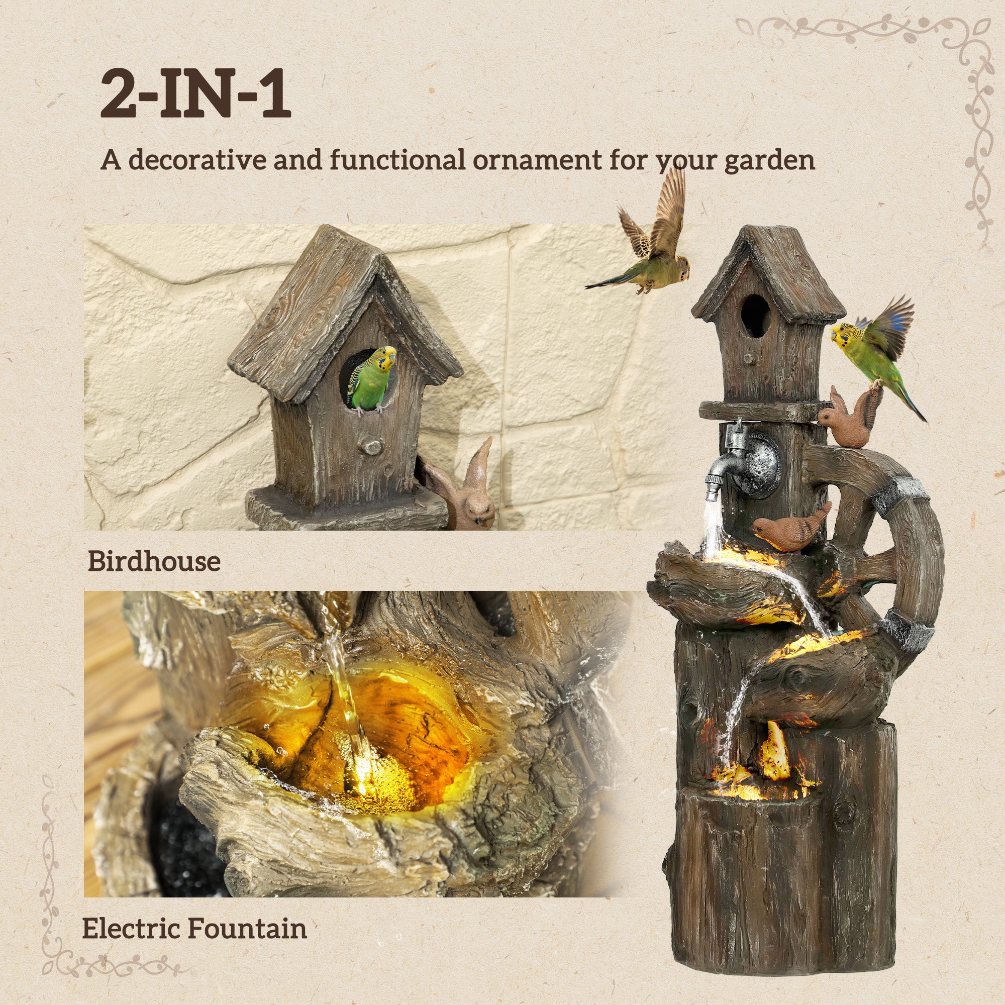 Outdoor Water Fountain, Decorative Garden Birdhouse, 3-Tier Cascading Waterfall with LED Lights and Water Wheel, Soothing Tranquility for Home Garden, Yard Decor