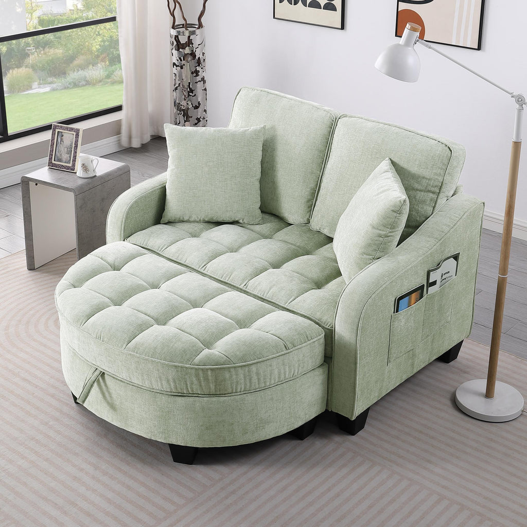 2-Seater Sofa Chaise Lounge with Irregular Curved Armrests, Ergonomic Backrest, Footrest with 2 Throw Pillows, 42.5" L x 32.5" W x 36.5" H, Cyan