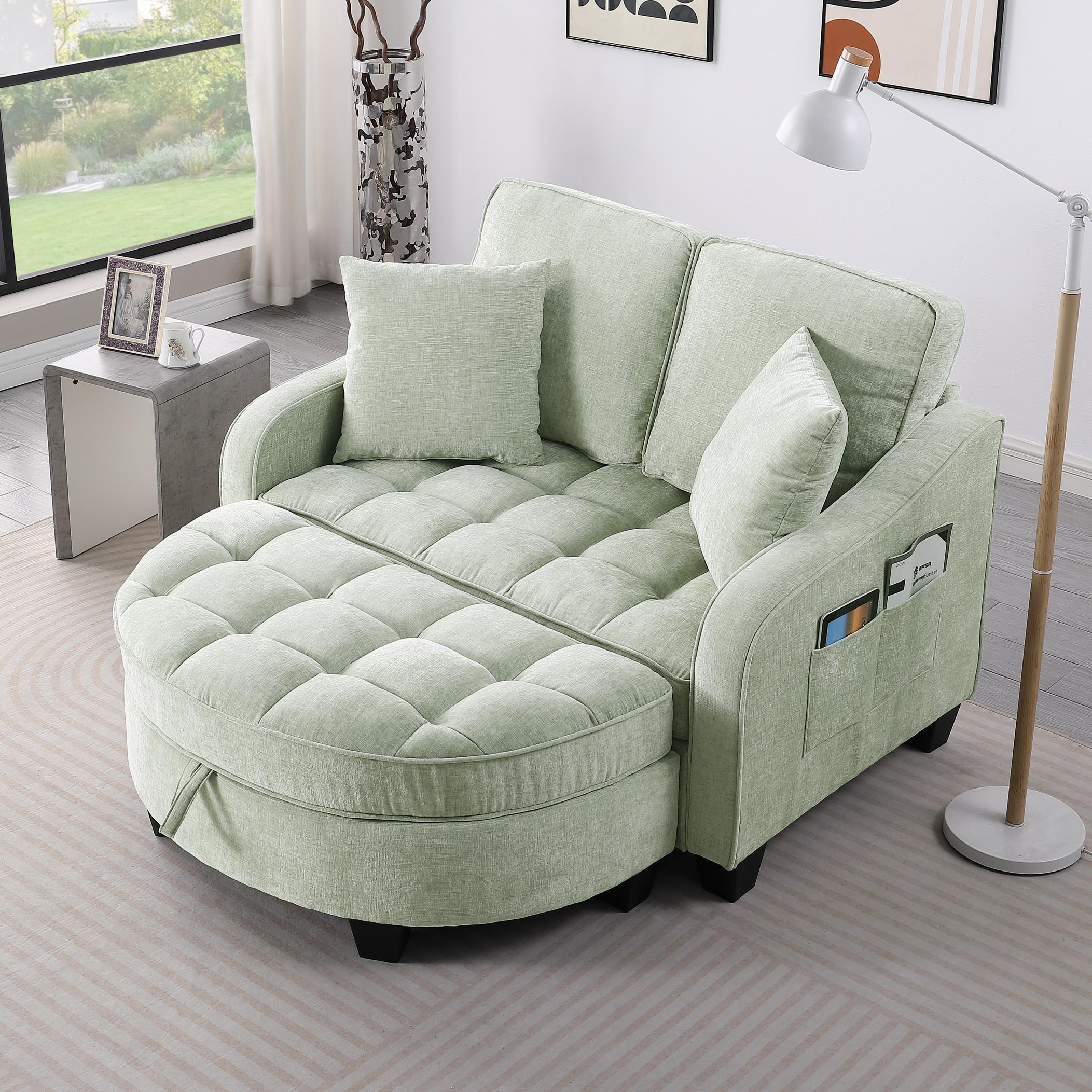 2-Seater Sofa Chaise Lounge with Irregular Curved Armrests, Ergonomic Backrest, Footrest with 2 Throw Pillows, 42.5" L x 32.5" W x 36.5" H, Cyan