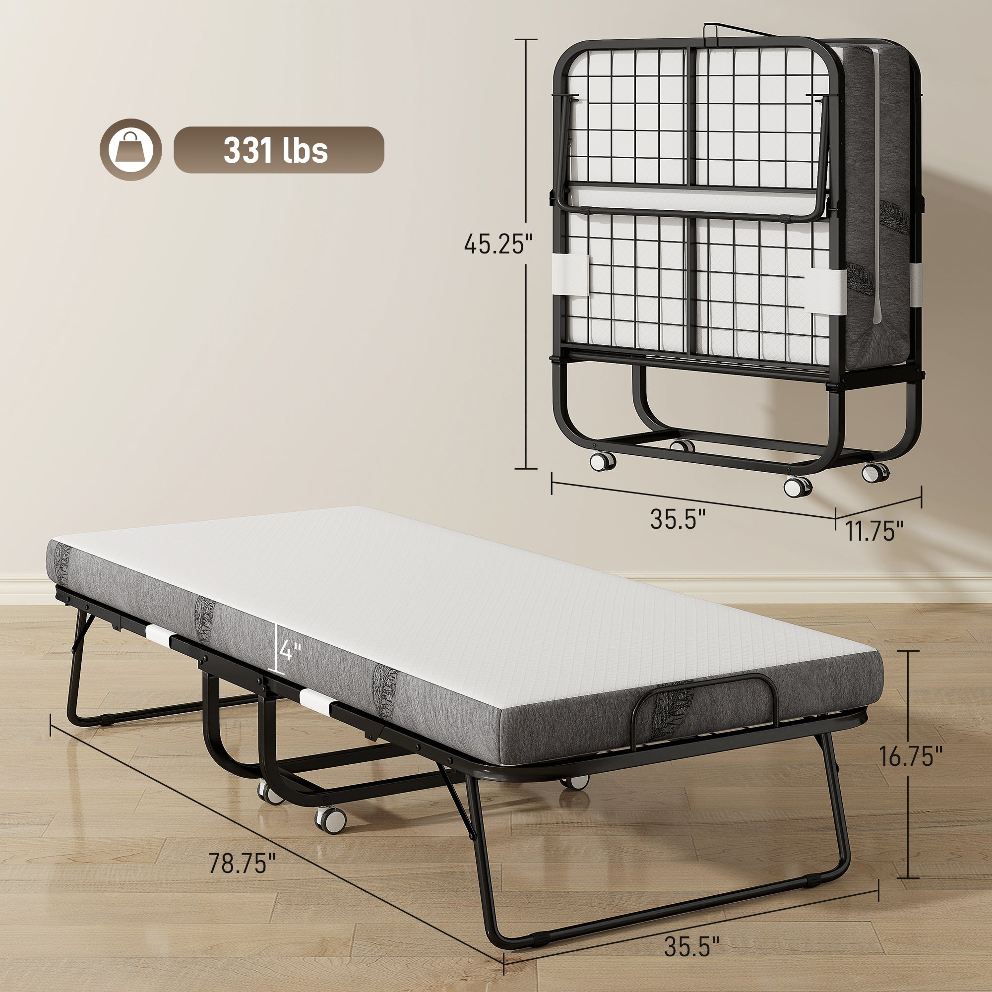 Folding Bed with Mattress for Adults, Long Twin Size, Portable Foldable Bed with 4" Foam Mattress & Space-Saving Steel Frame, 79" x 35", Fold Up, Roll Away & Hideaway, White