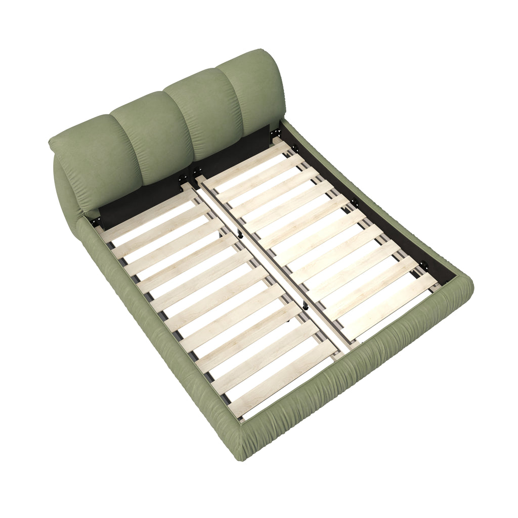 Queen Size Upholstered Bed with Oversized Padded Backrest, Solid Wood Frame, Adjustable Mattress Heights, 96.5" L x 70" W x 43.5" H, Green