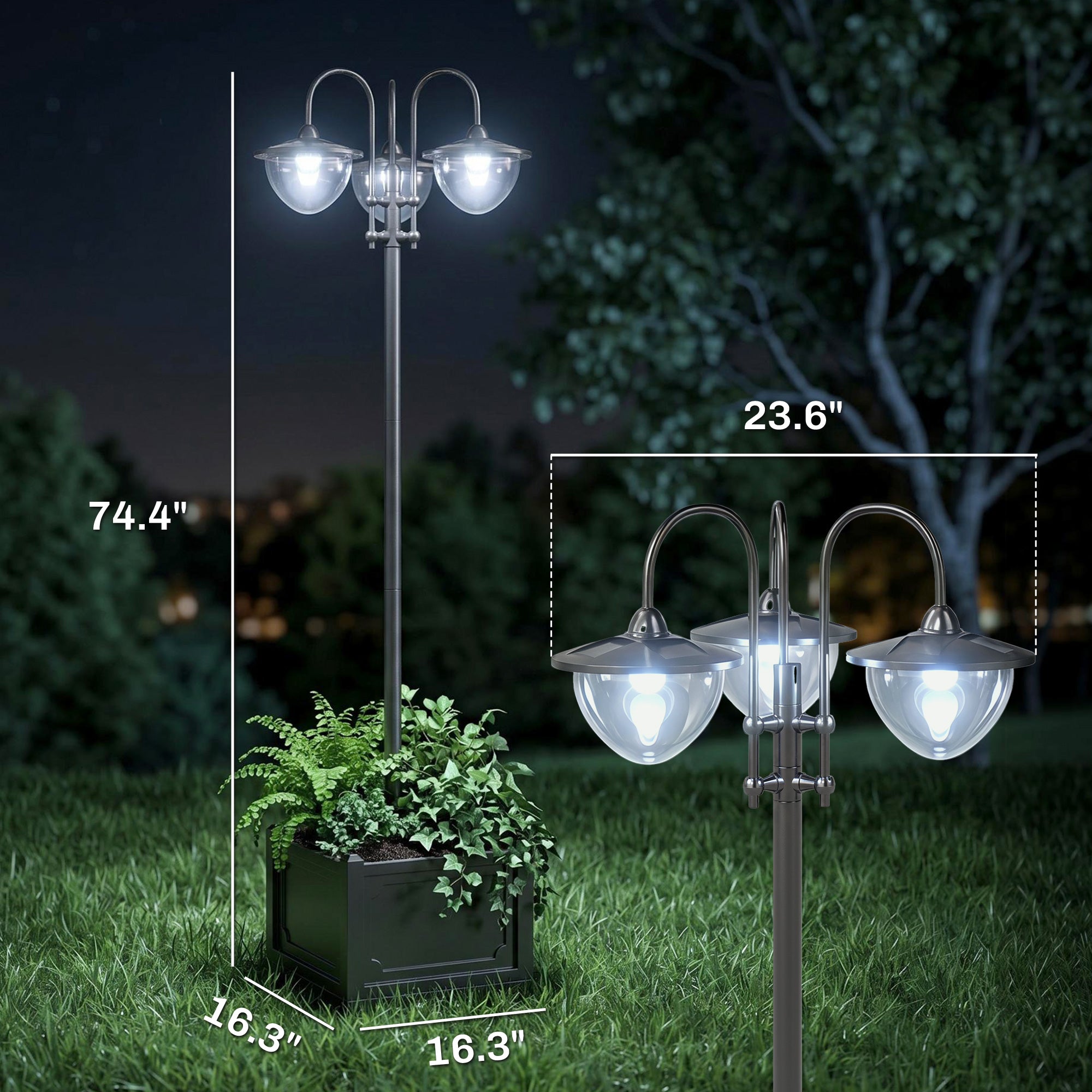 74.5" 3-head Solar Lamp Post Light with Planter, Solar Pole Lights Outdoor Waterproof LED Lighting for Backyard Pathway Patio Lawn Driveway Decor, Black