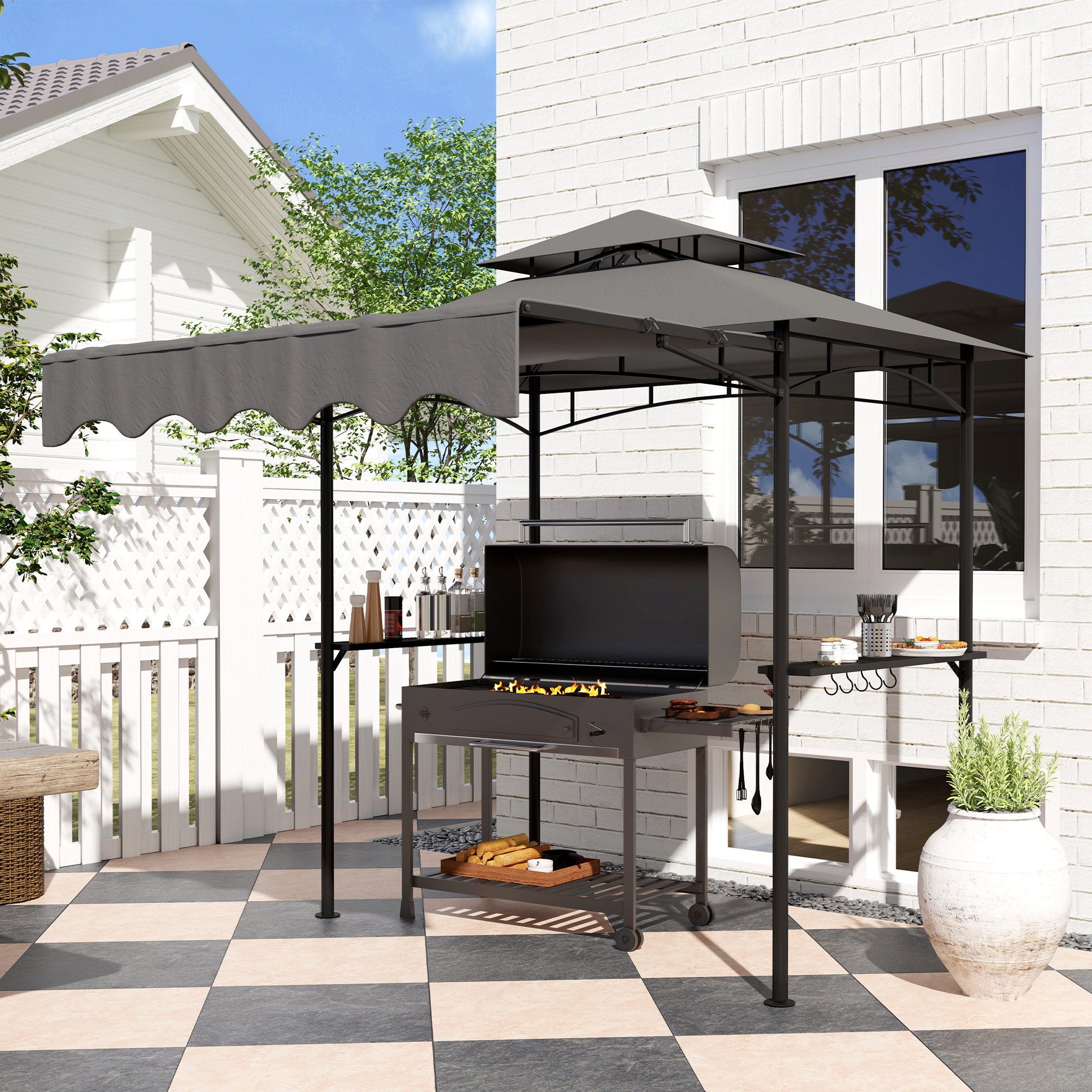 8' x 7.6' Outdoor Grill Gazebo, Barbecue Gazebo Shelter with Side Awning, 2 Side Shelves and 6 Hooks, Dark Gray
