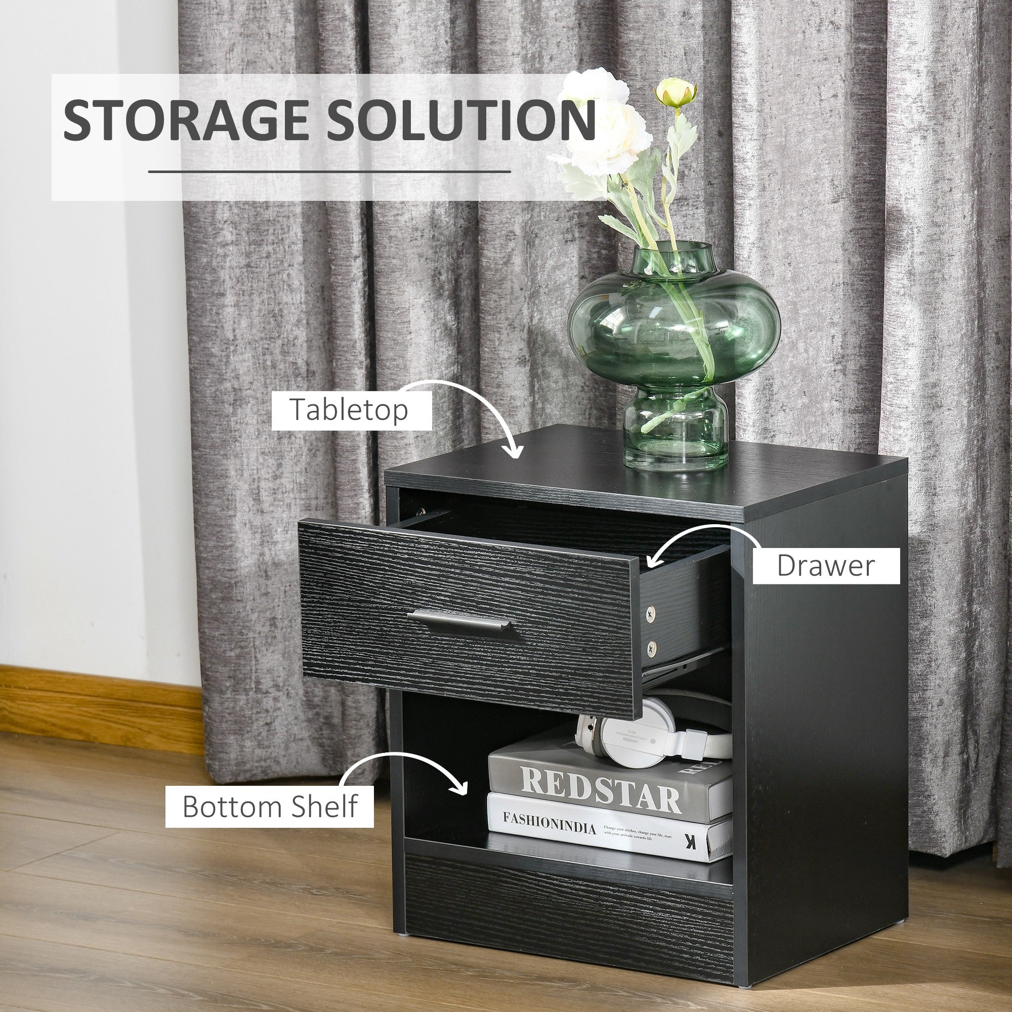 Side Table with Drawer and Storage Shelf, End Table with Storage, Set of 2, Black Wood Grain