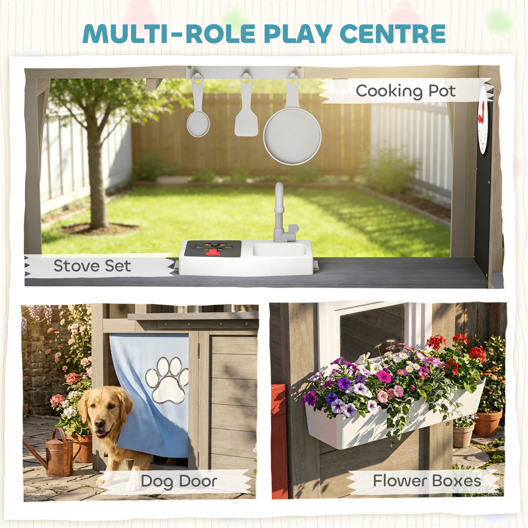 Outdoor Playhouse, Wooden Kids Playhouse with Dog Door, Flower Box, Cookware & Window for Garden Ages 2+, Gray