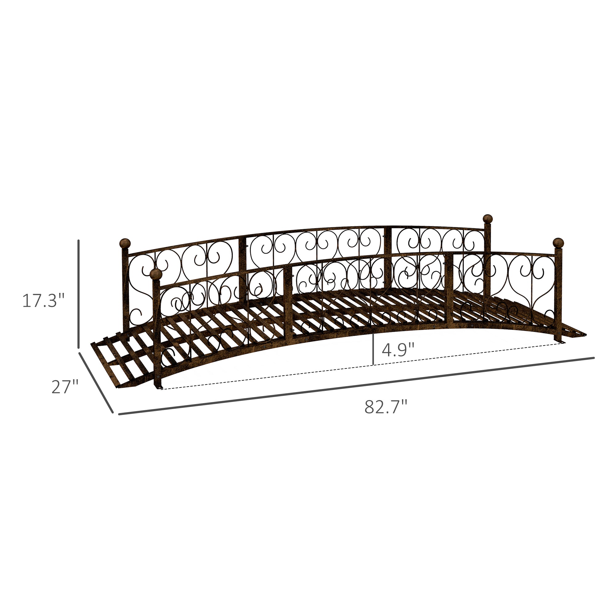 7' Metal Arch Garden Bridge Arc Footbridge with Side Railings Decorative Scrollwork, Bronze