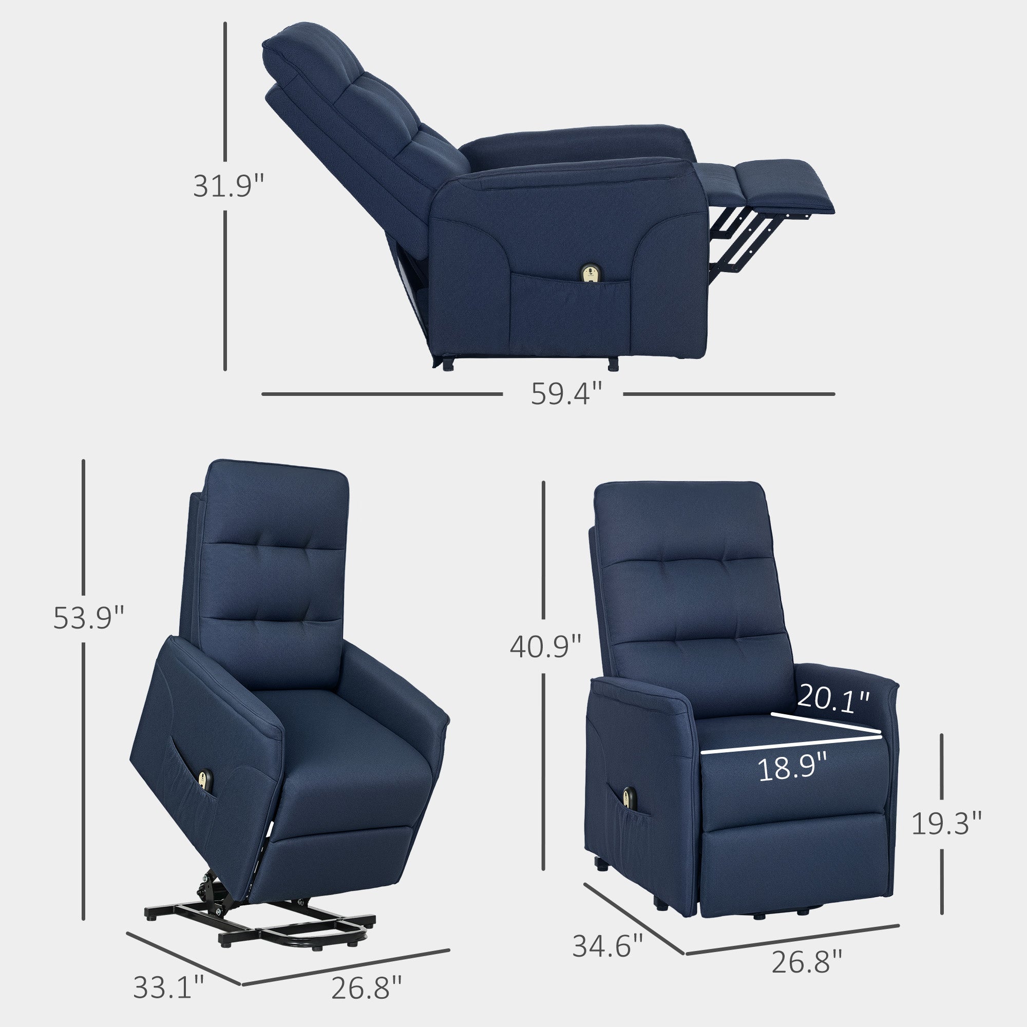 Power Lift Chair for Elderly, Fabric Recliner Sofa with Remote Control, Side Pockets, Quick Assembly, Deep Blue