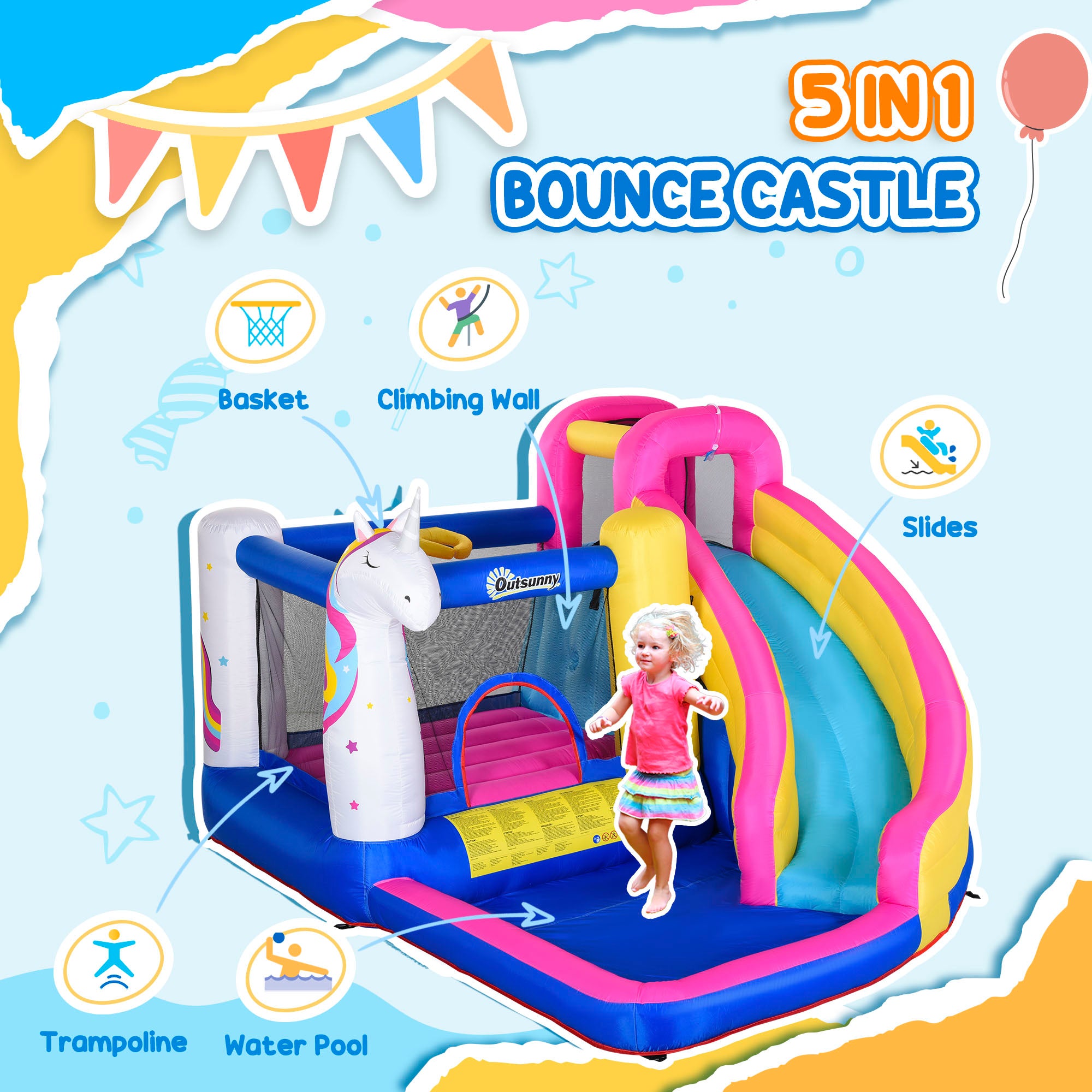 Inflatable Water Slide Bounce House with Trampoline, Climbing Wall, Water Cannon, Basketball Hoop, Splash Pool, 450W Blower, Unicorn Themed Bouncy House for Kids 3-8 Years Old