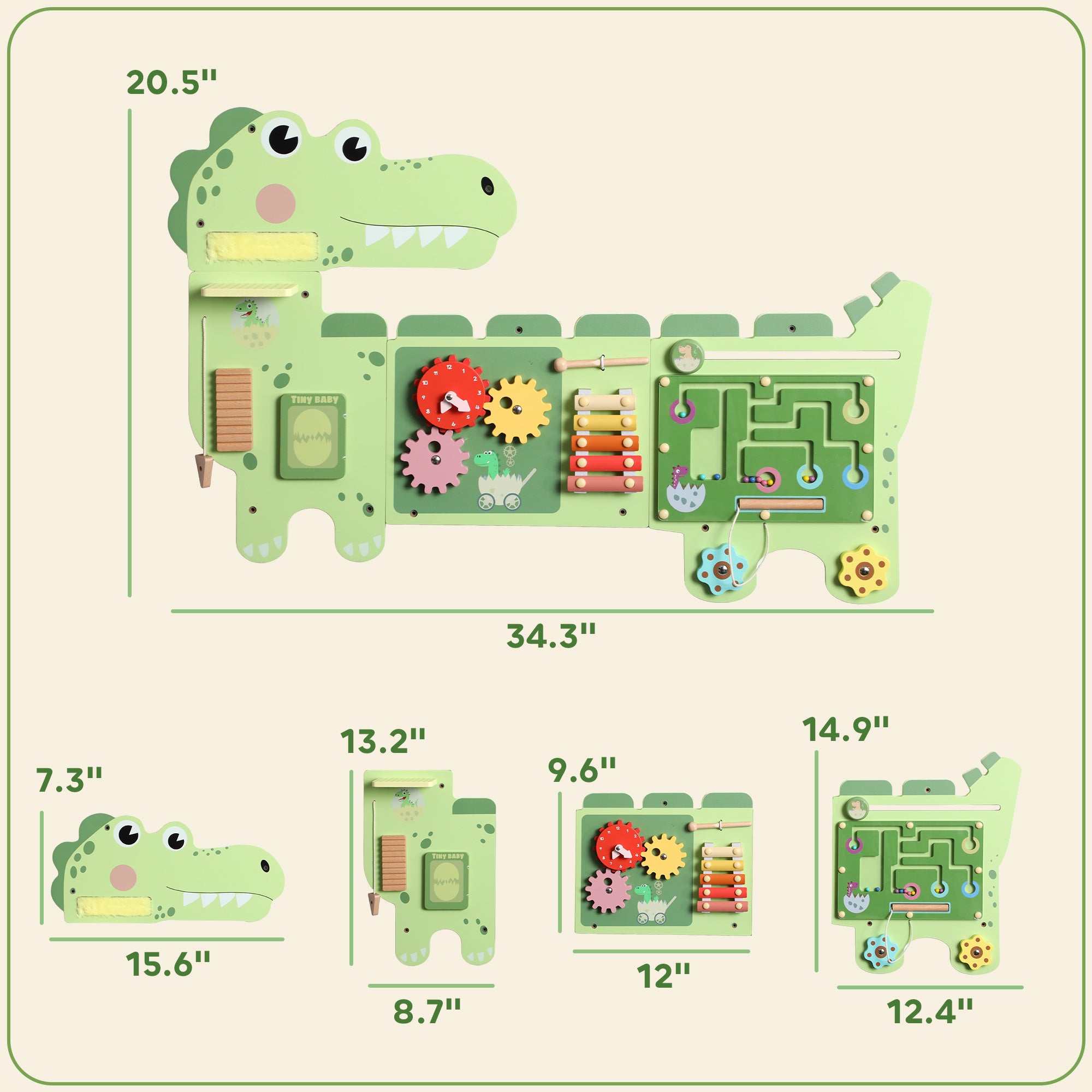 Busy Board Panels Wall-Mounted Montessori Sensory Toys Sensory Wall MDF 87 x 52 x 5.5 cm Dinosaur, Green