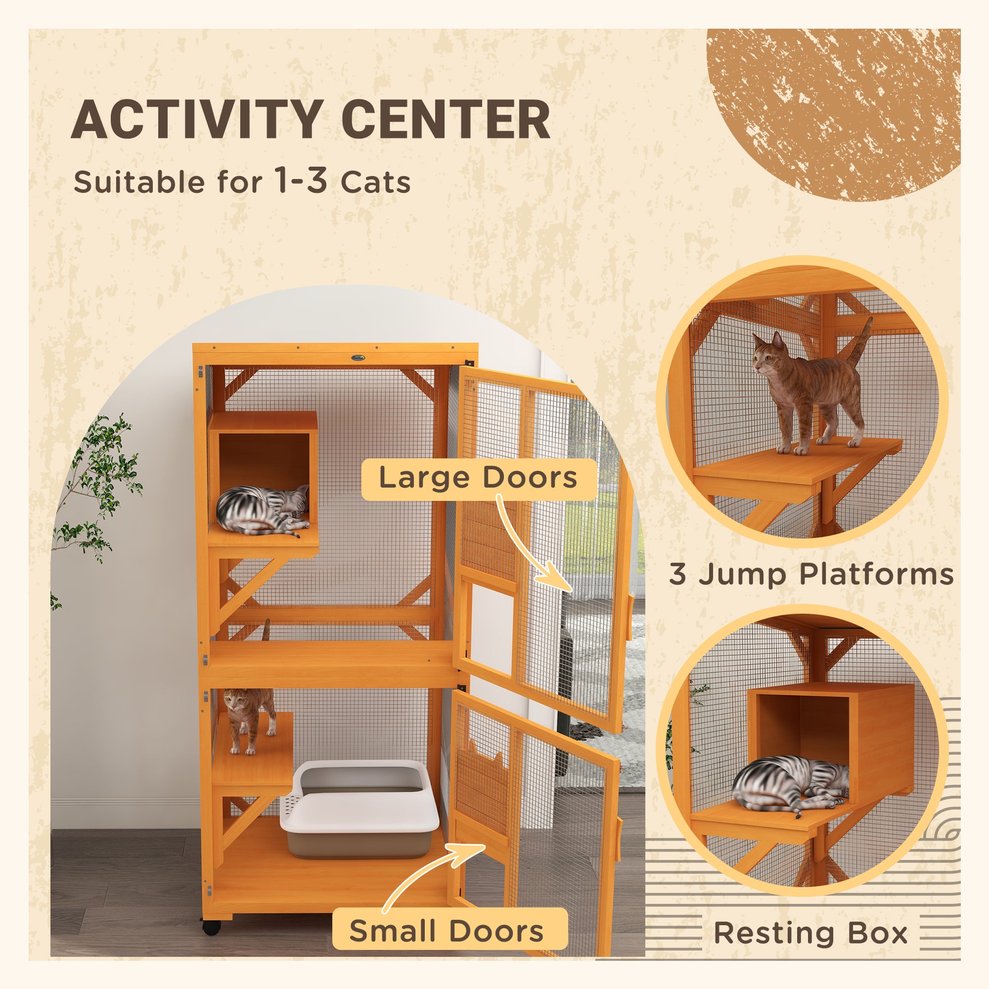 Large Cat House for 1-3 Cats on Wheels Wooden Catio Enclosure Orange