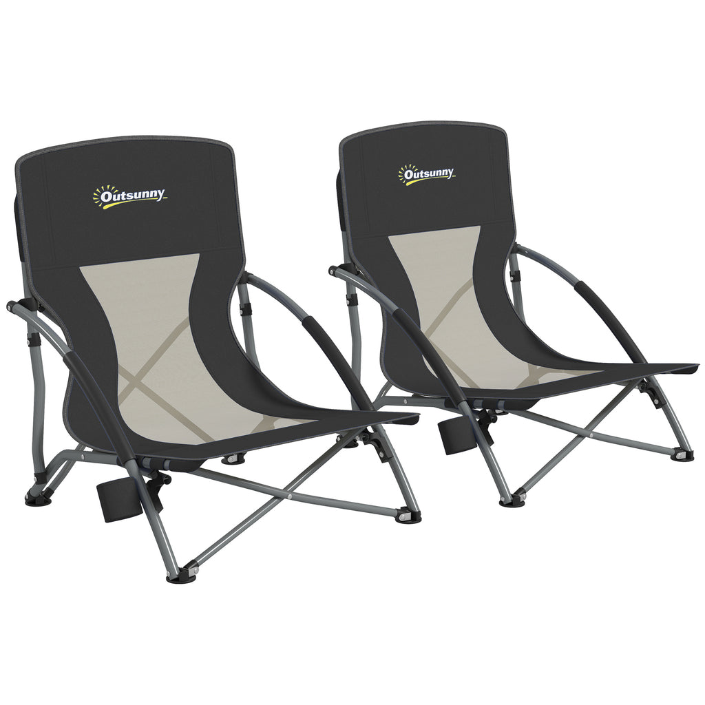 Set of 2 Folding Beach Chairs with Mesh Back, Carry Bag and Cup Holder for Outdoor Camping Lawn Sports Picnic, Black