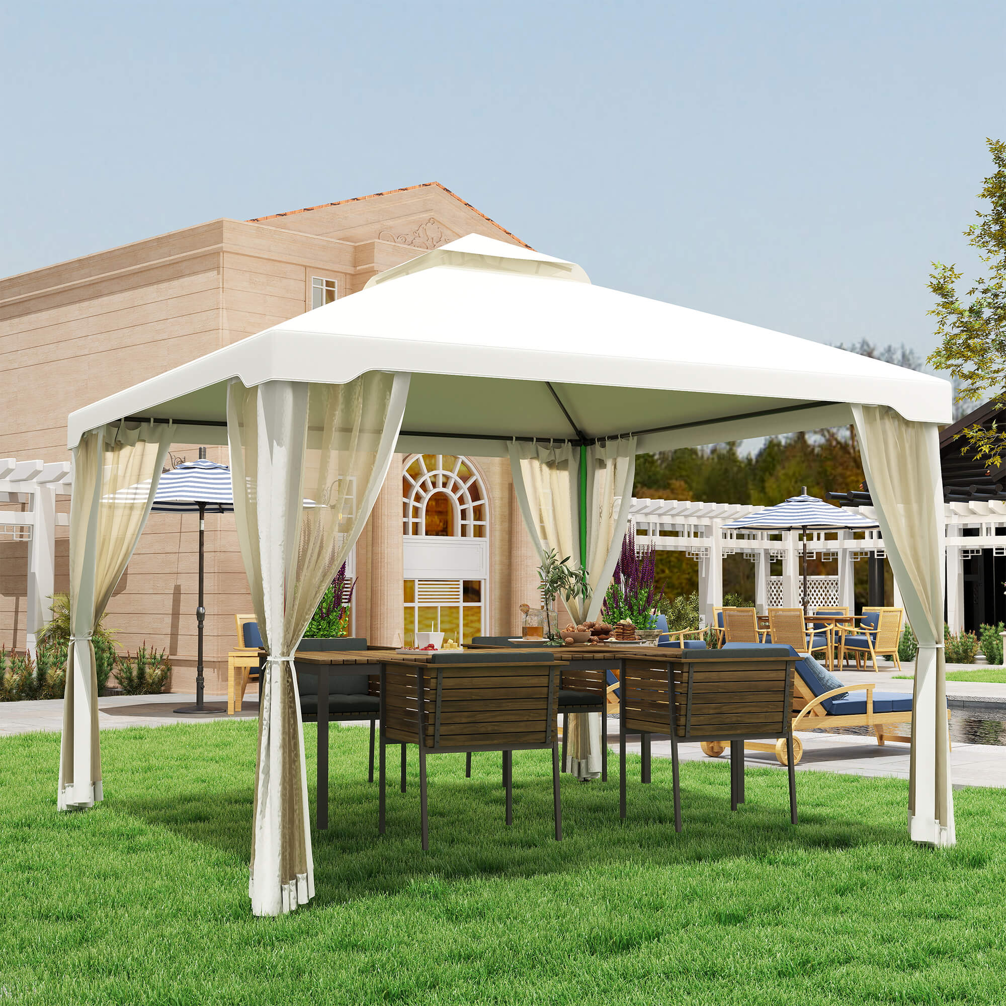 9.6' x 9.6' Patio Gazebo, Outdoor Canopy Shelter with 2-Tier Roof and Netting, Steel Frame for Garden, Lawn, Backyard, and Deck, Cream White