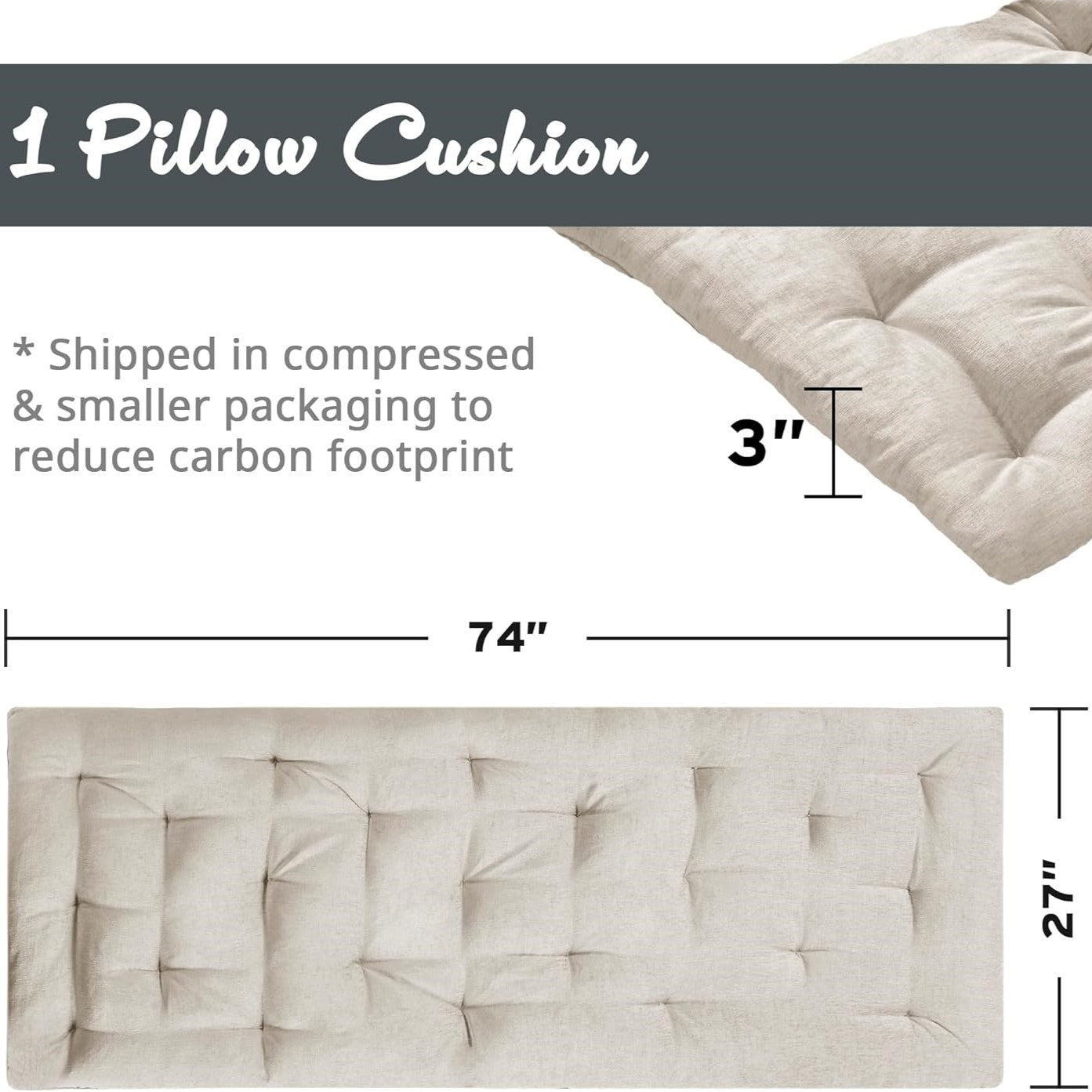 Lightweight Poly Chenille Floor Pillow with All-Over Tufted Detailing, Minimalist Lounger Cushion for Bedroom, Study, 74" L x 27" W x 3" H, Ivory