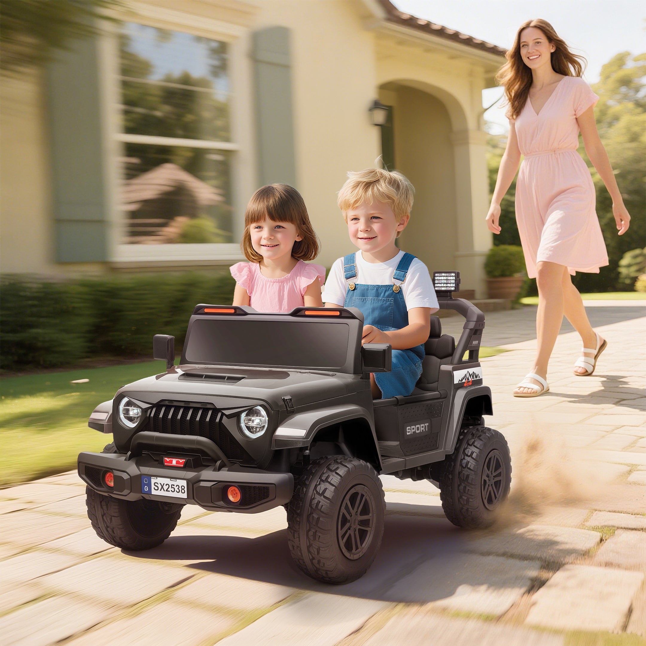 Ride on Truck Car with 2-Seater, 24V Electric Car with 4 Motors, Remote Control, Spring Suspension for 3-8 Years, Black