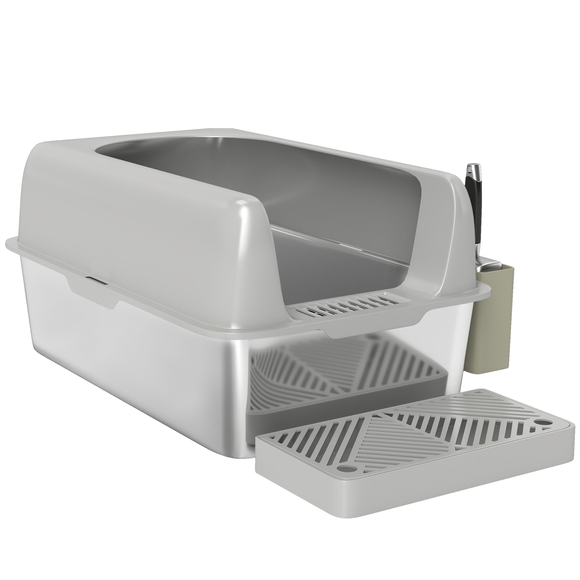 High Sided Stainless Steel Litter Box with Metal Scoop & Scoop Holder, for Easy Clean& Anti-Urine Leakage, Light Gray