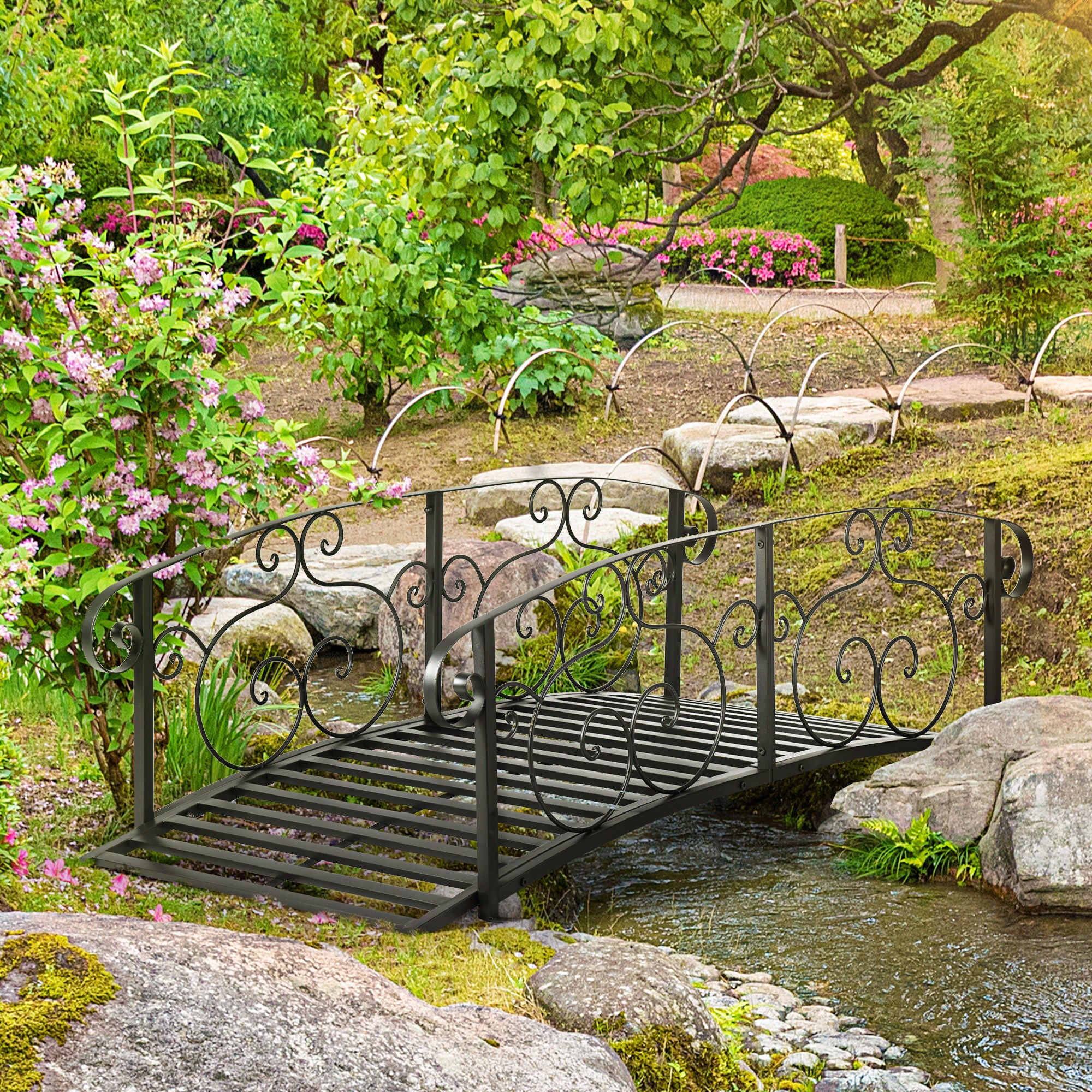 6' Metal Arch Backyard Garden Bridge, Safety Siderails, Arc Footbridge for Backyard Creek, Stream, Pond