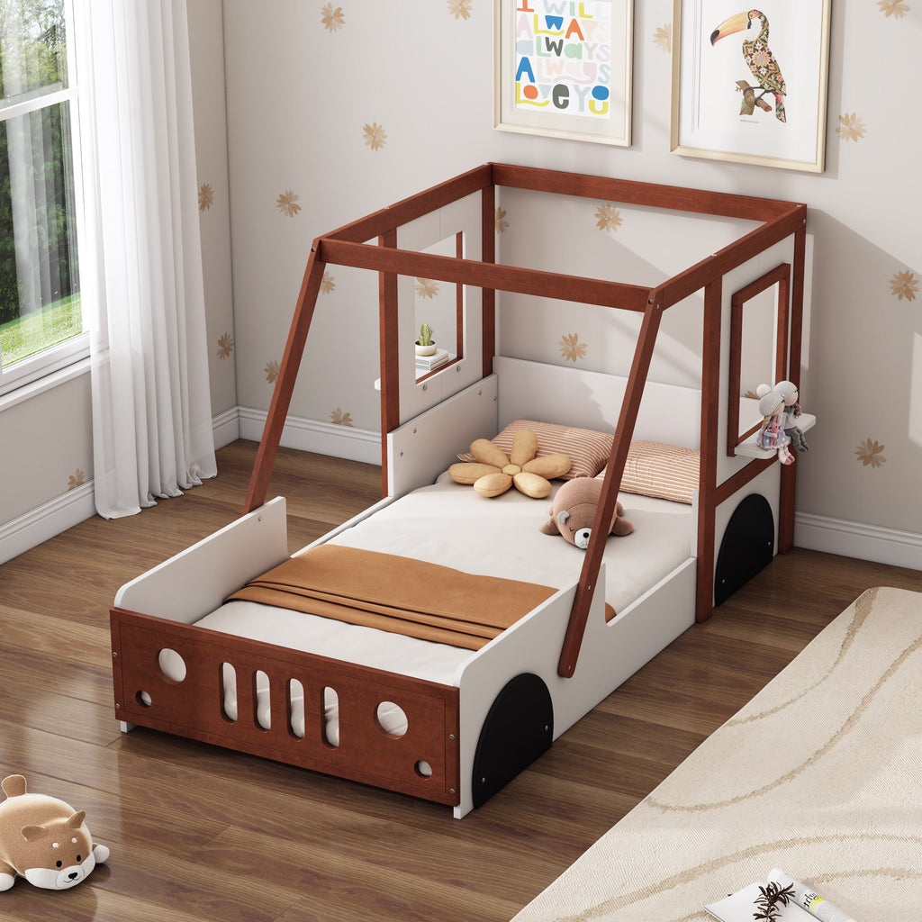 Twin Size Car Bed for Kids, Solid Wood Frame, Fun Play Design with Wheels, Doors, and Windows, 77" x 41.3" x 41.1", White+Orange