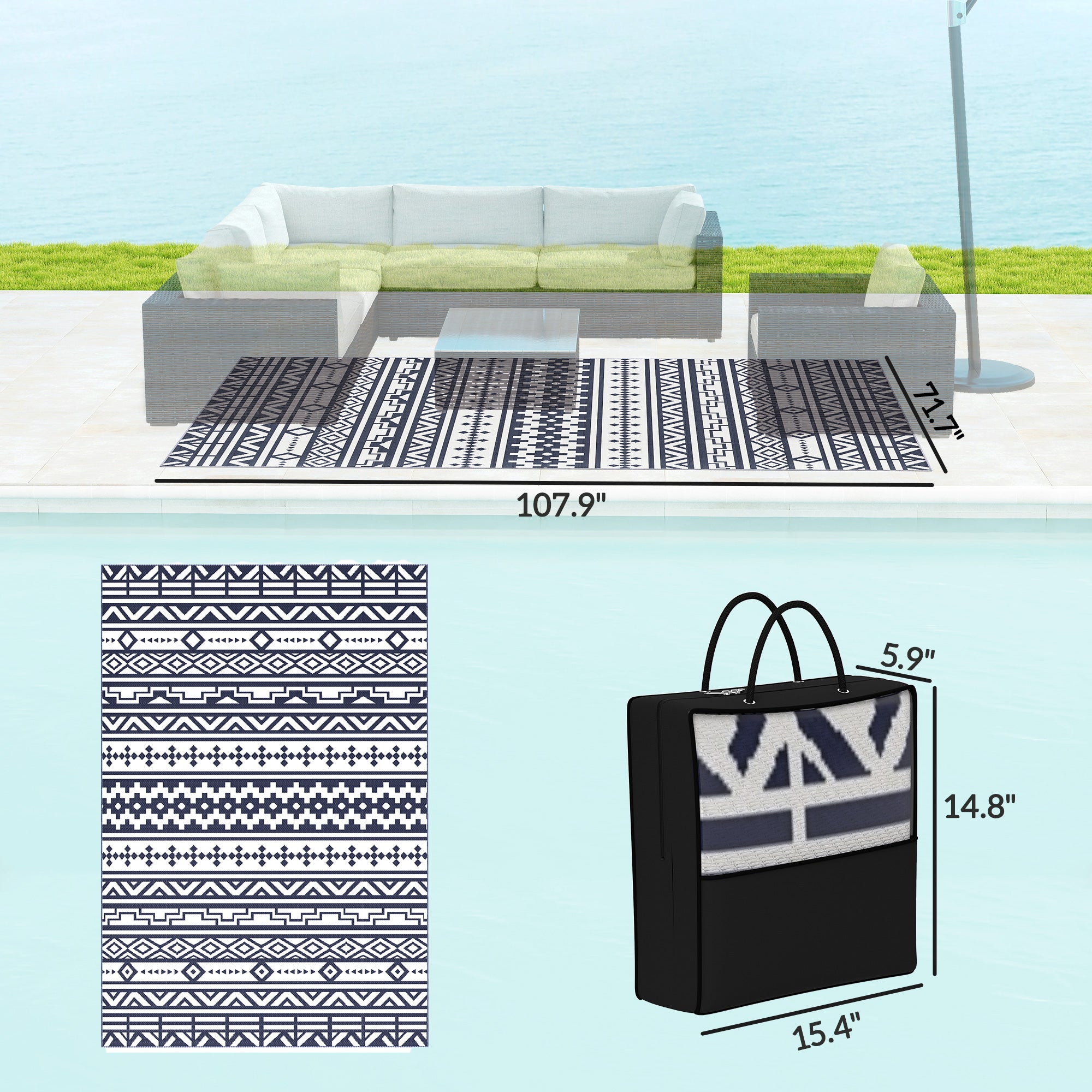 Reversible Outdoor Rug, Waterproof Plastic Straw with Carry Bag, 6' x 9', Blue & White Geometric