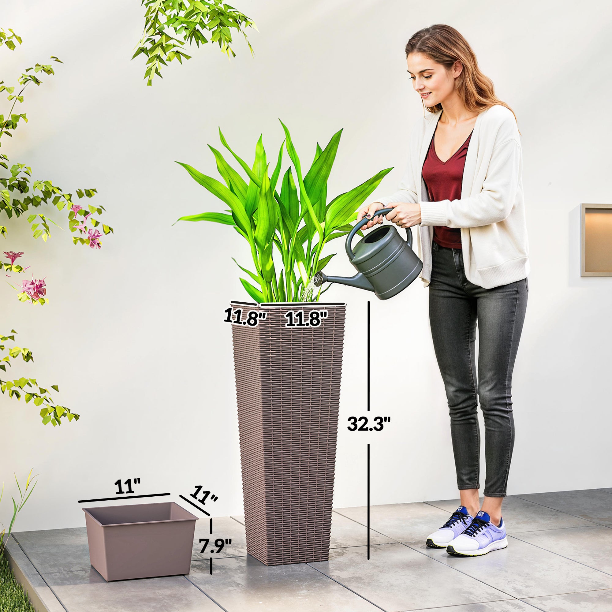 32 Inch Tall Planters for Outdoor Plants, Set of 2 Plastic Flower Pots with Drainage Holes, Brown