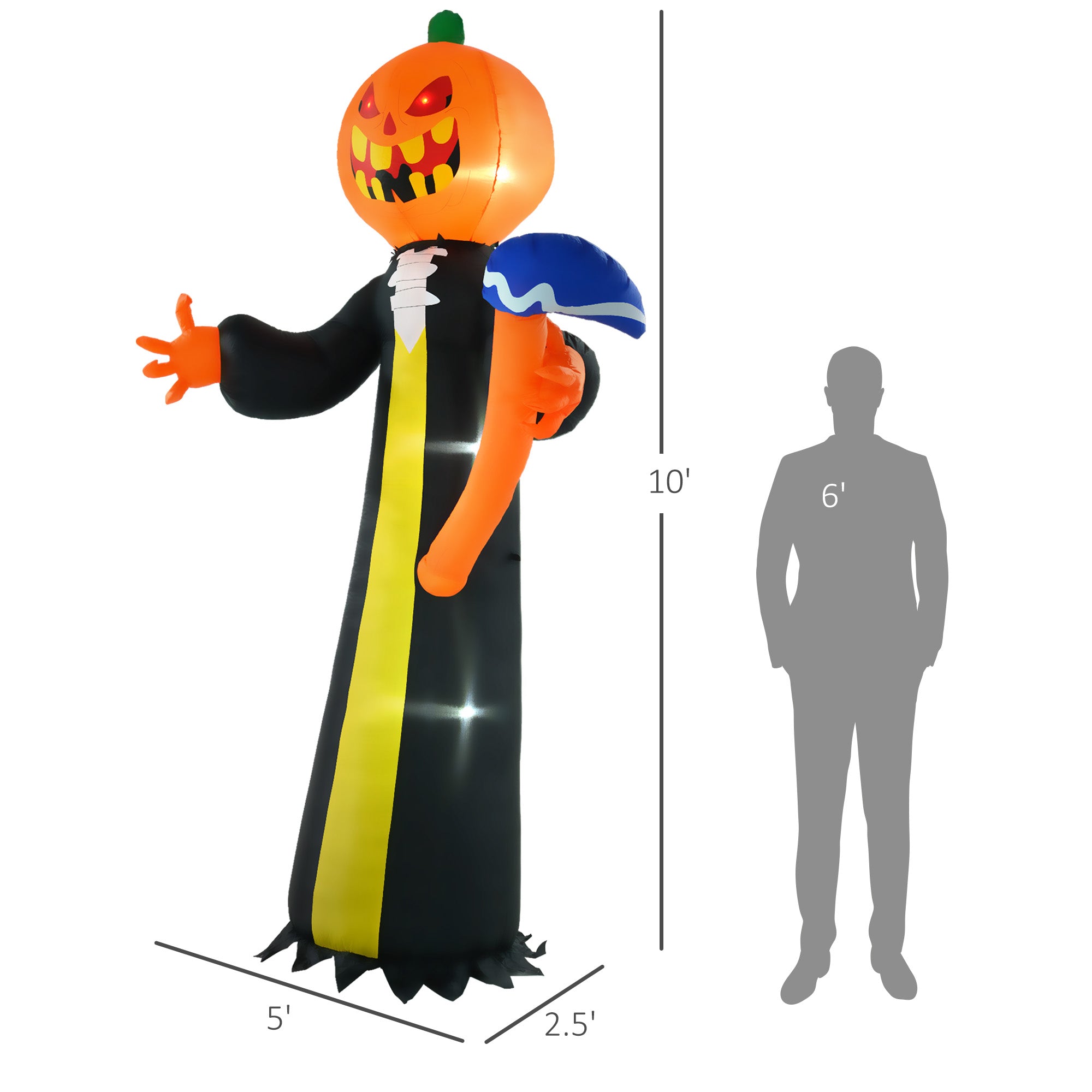 10ft Inflatable Halloween Pumpkin Head Ghost with Hammer, Blow Up LED Display for Garden Indoor Outdoor