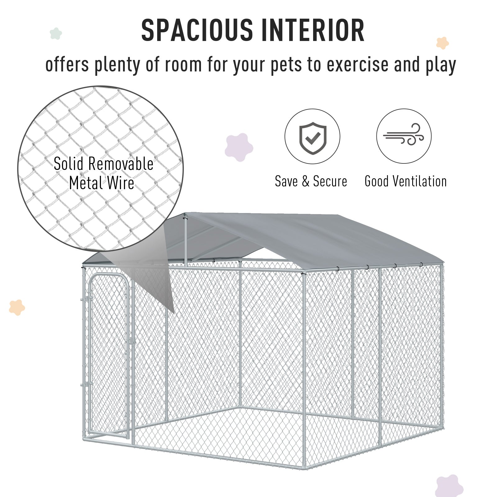 Outdoor Dog Kennel Galvanized Steel Fence with Cover Secure Lock Mesh Sidewalls for Backyard 9.8' x 9.8' x 7.7'