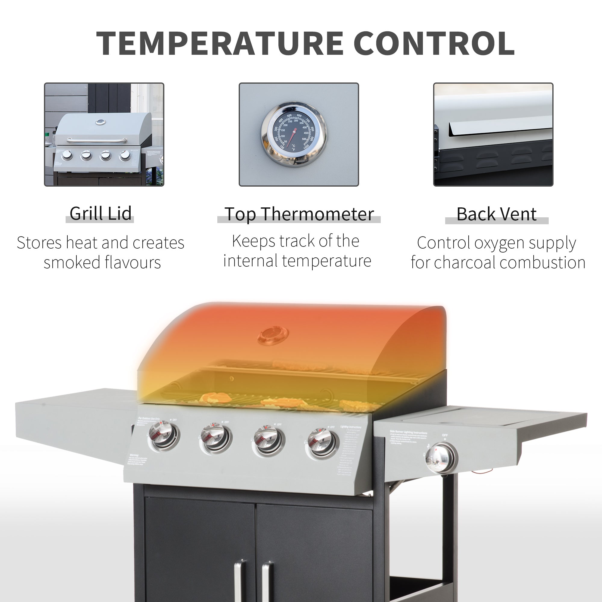52" Barbecue Grill with Wheels 4+1 Burner Liquid Propane Gas Grill Outdoor Cabinet Style BBQ Trolley w/ Side Burner, Warming Rack, Storage Cabinet