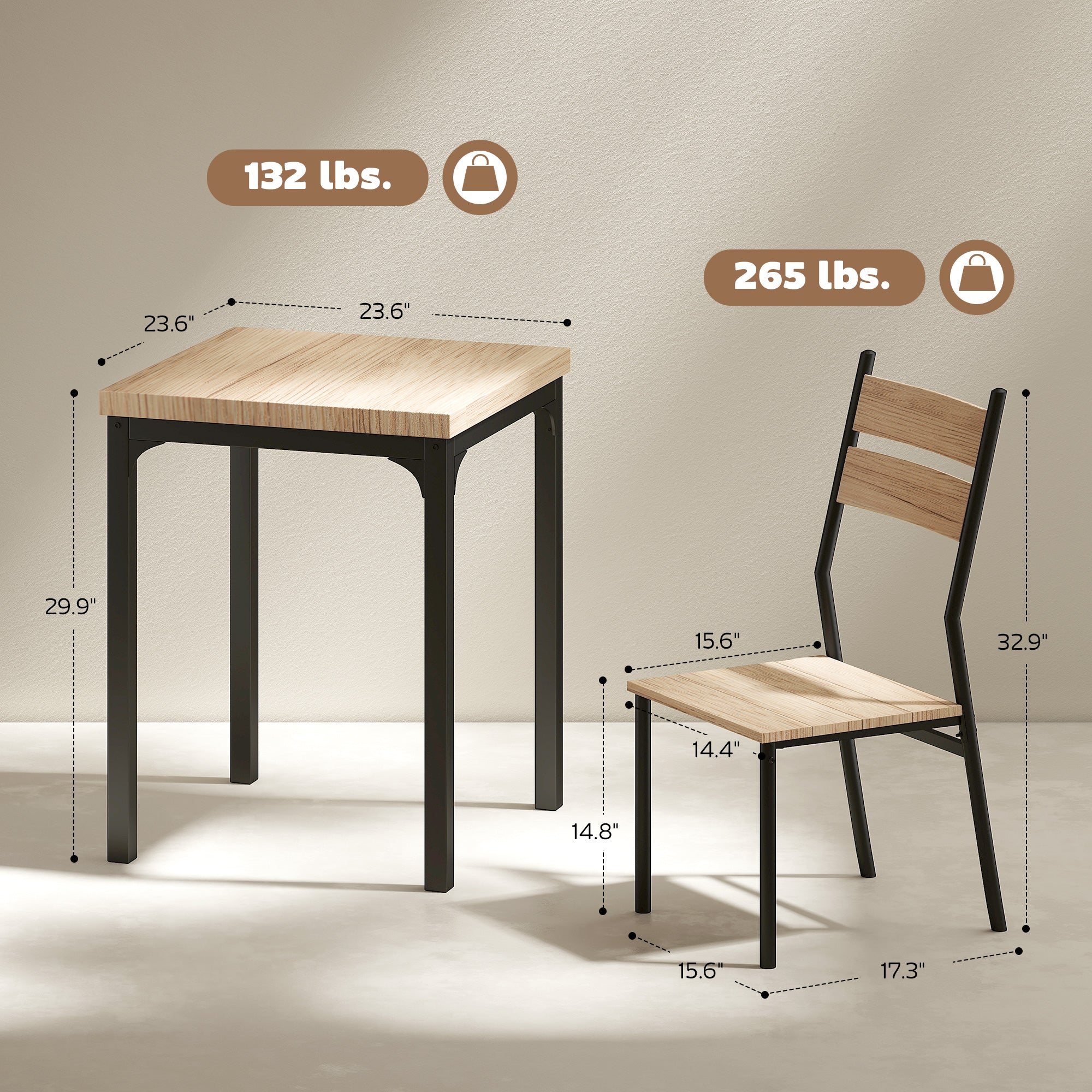 3 Piece Dining Table Set for 2, Modern Kitchen Table and Chairs, Dining Room Set for Breakfast Nook, Light Wood Grain