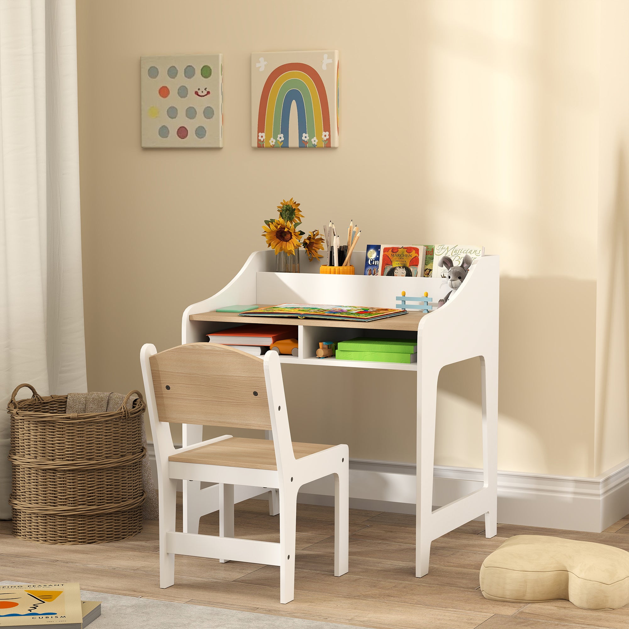 Kids Desk and Chair Set with Storage and Shelves, for Bedroom & Study Room, Gift for 3-8 Years Old, Natural Wood