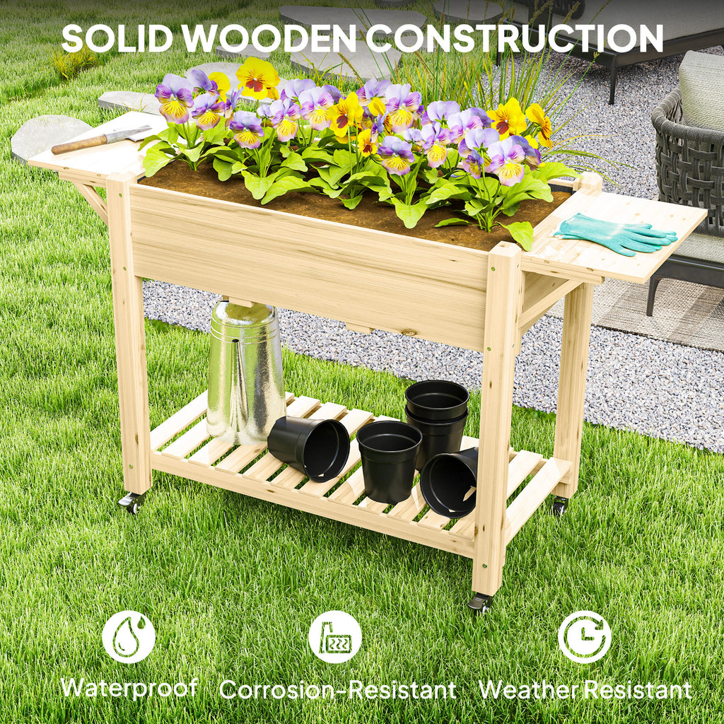 Wood Raised Planter Box, Elevated Garden Bed with Lockable Wheels, Side Tables, Bottom Shelf, Drain Holes, Natural