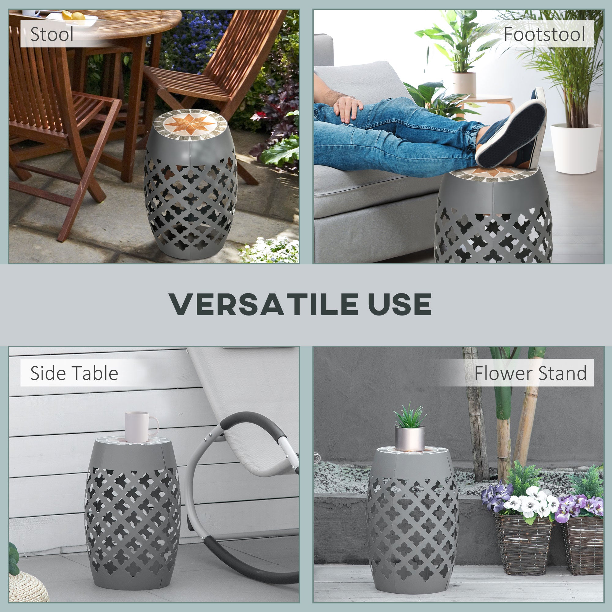 Decorative Outdoor Stool, 12" Round Patio Side Table, Mosaic Accent Plant Stand for Garden, Balcony, Gray