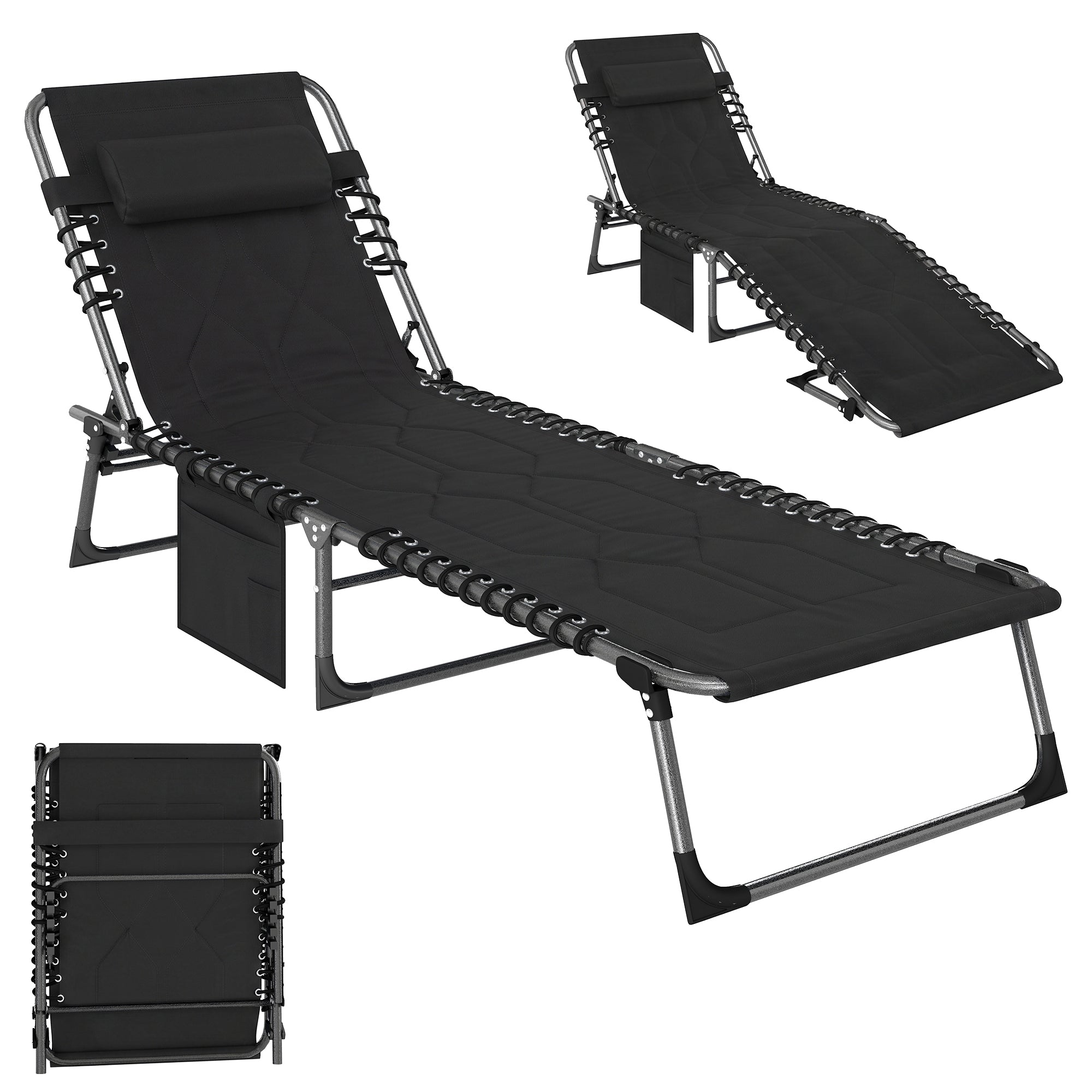 Padded Folding Chaise Lounge Chair, Outdoor 6-Level Reclining Camping Tanning Chair with Headrest for Beach, Yard, Patio, Pool, Black