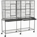 Rolling 65"L Bird Cage w/ Storage Shelf Wood Perch Food Container