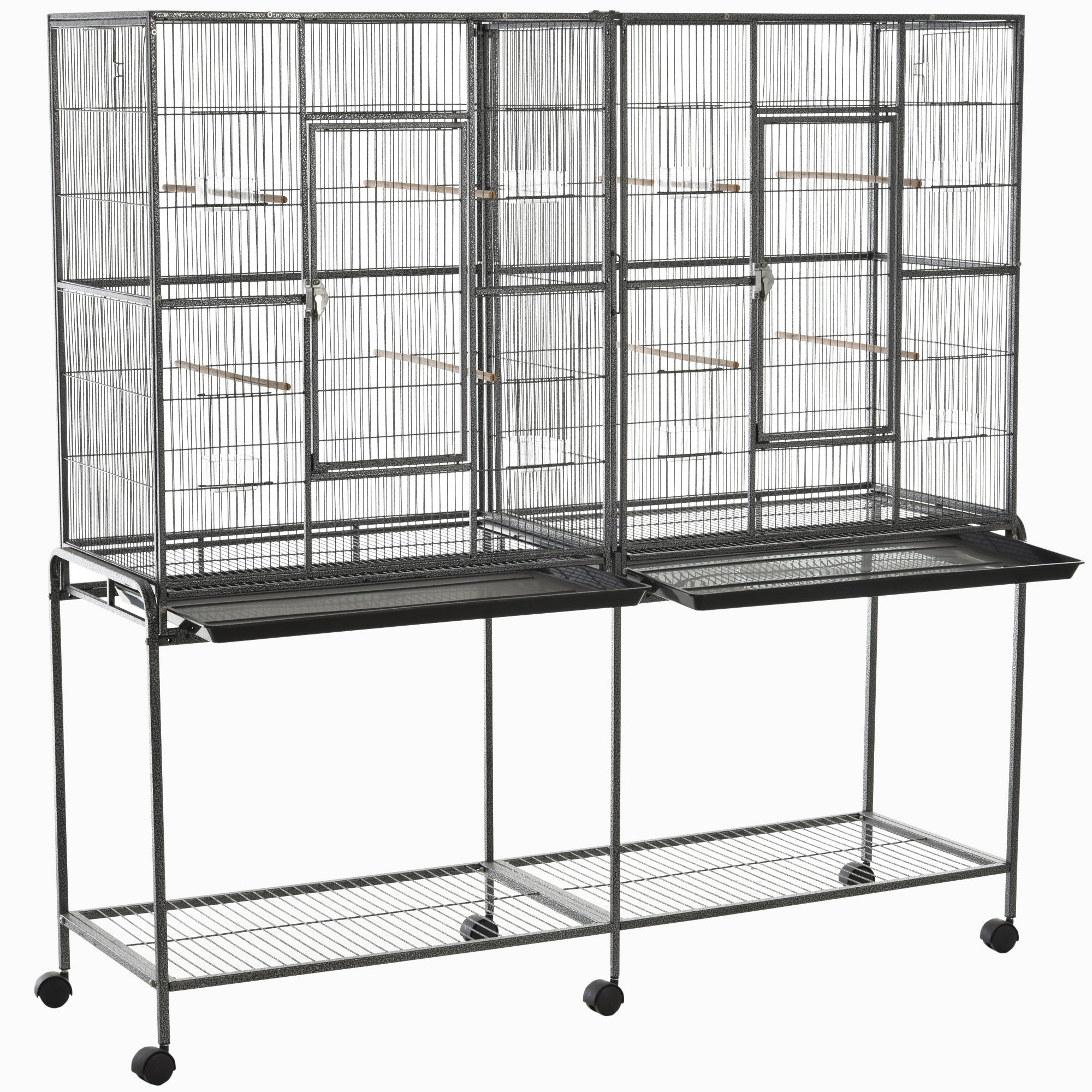 Rolling 65"L Bird Cage w/ Storage Shelf Wood Perch Food Container
