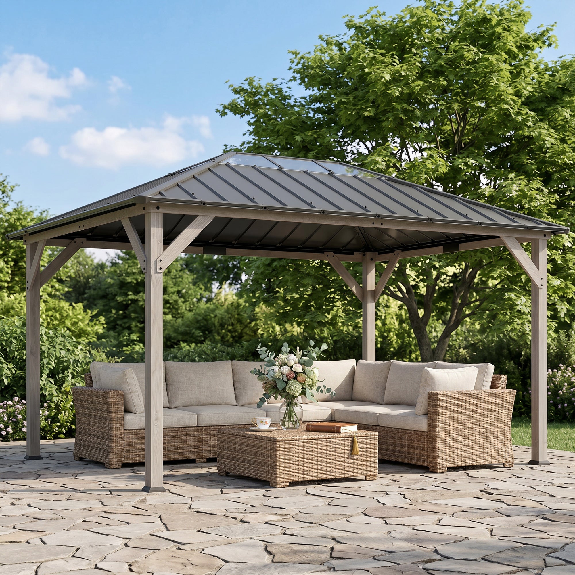 12' x 16' Hardtop Gazebo with Galvanized Steel Roof, UPF50+ Wood Permanent Pavilion with Clear Roof Top, Light Walnut