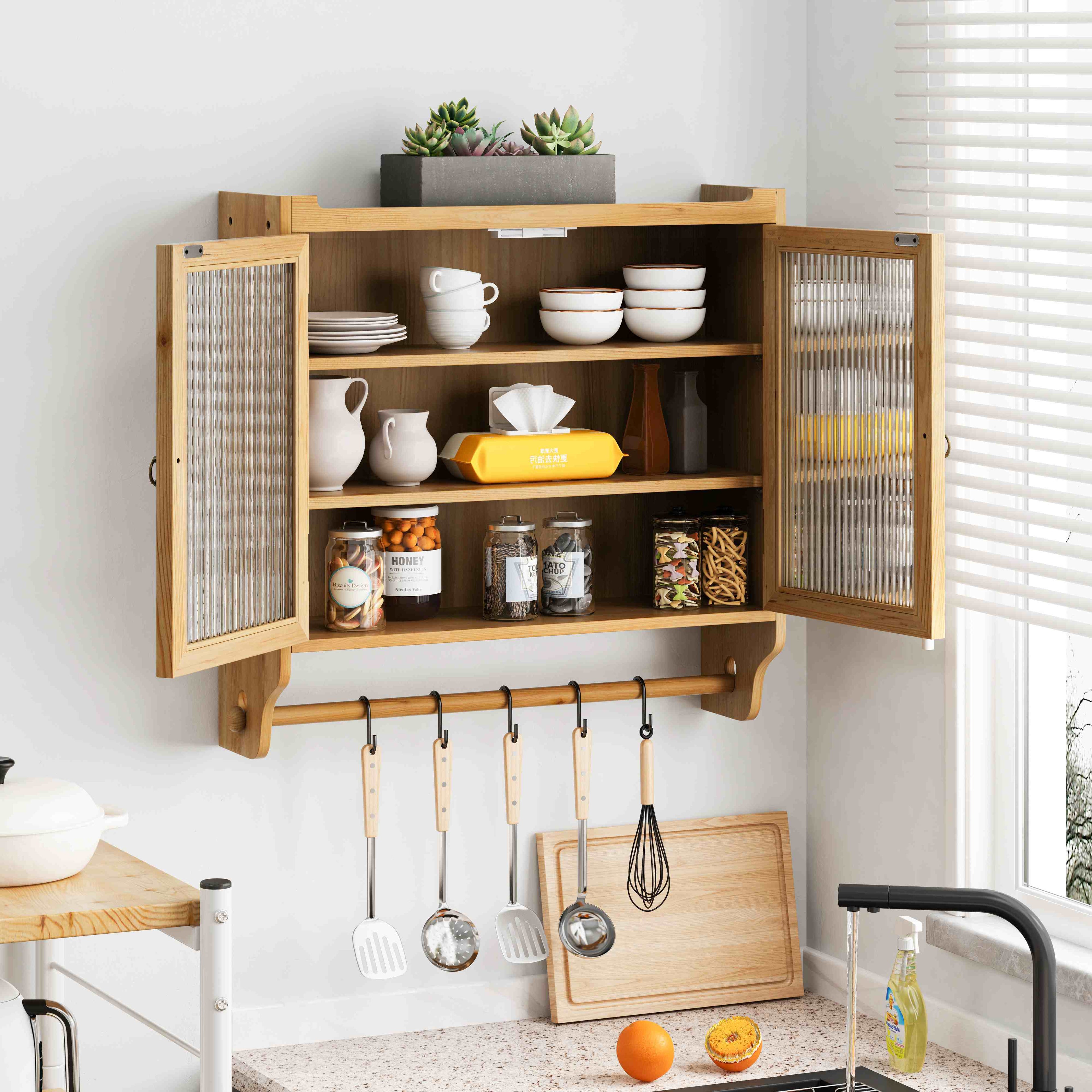Vintage Double Door Wall Cabinet with Glass Doors, Three Tiers of Storage, and Towel Rack for Bathroom, Kitchen, Dining Room, 24.8", Natural