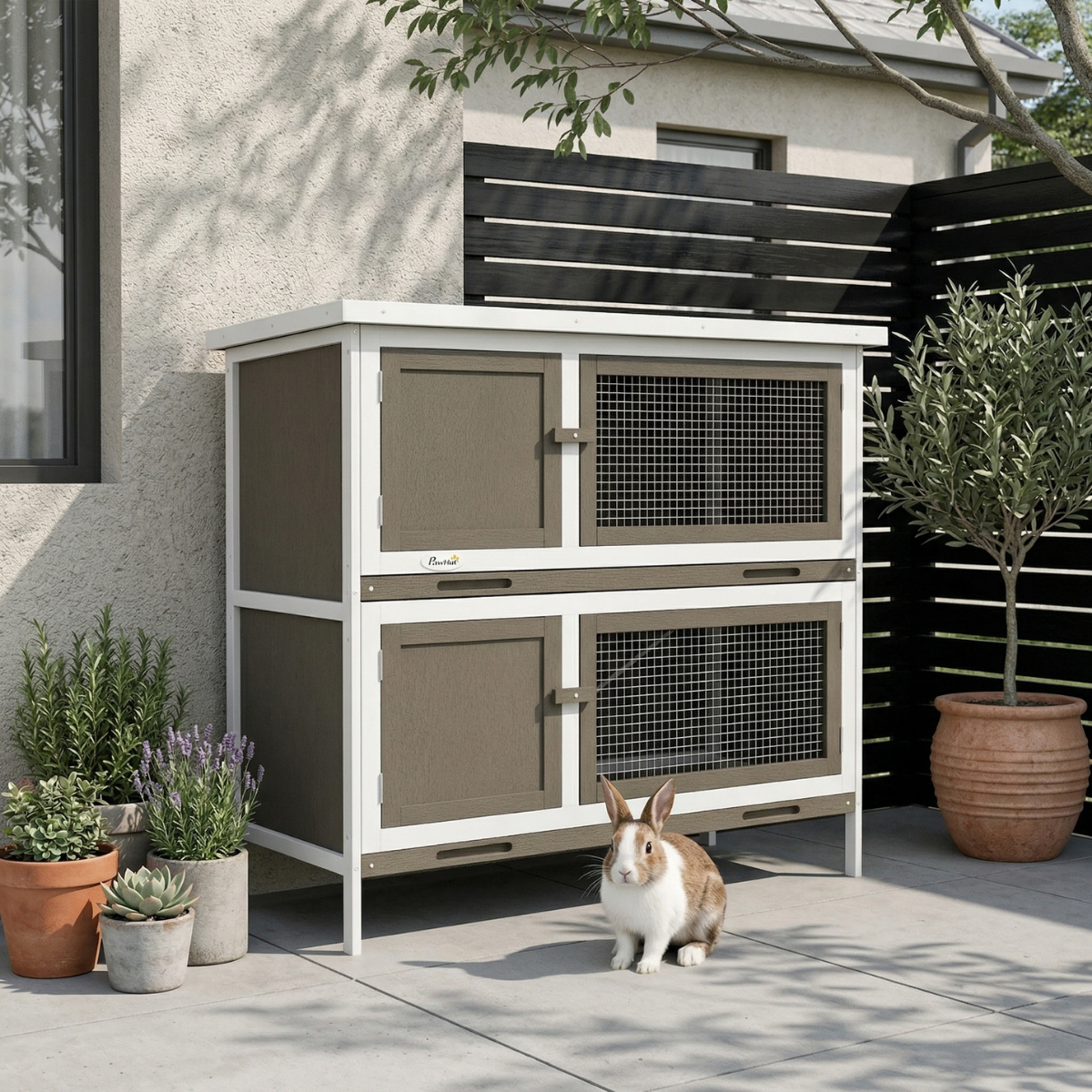 Wooden Bunny Hutch with Ramp, Indoor/Outdoor, Brown