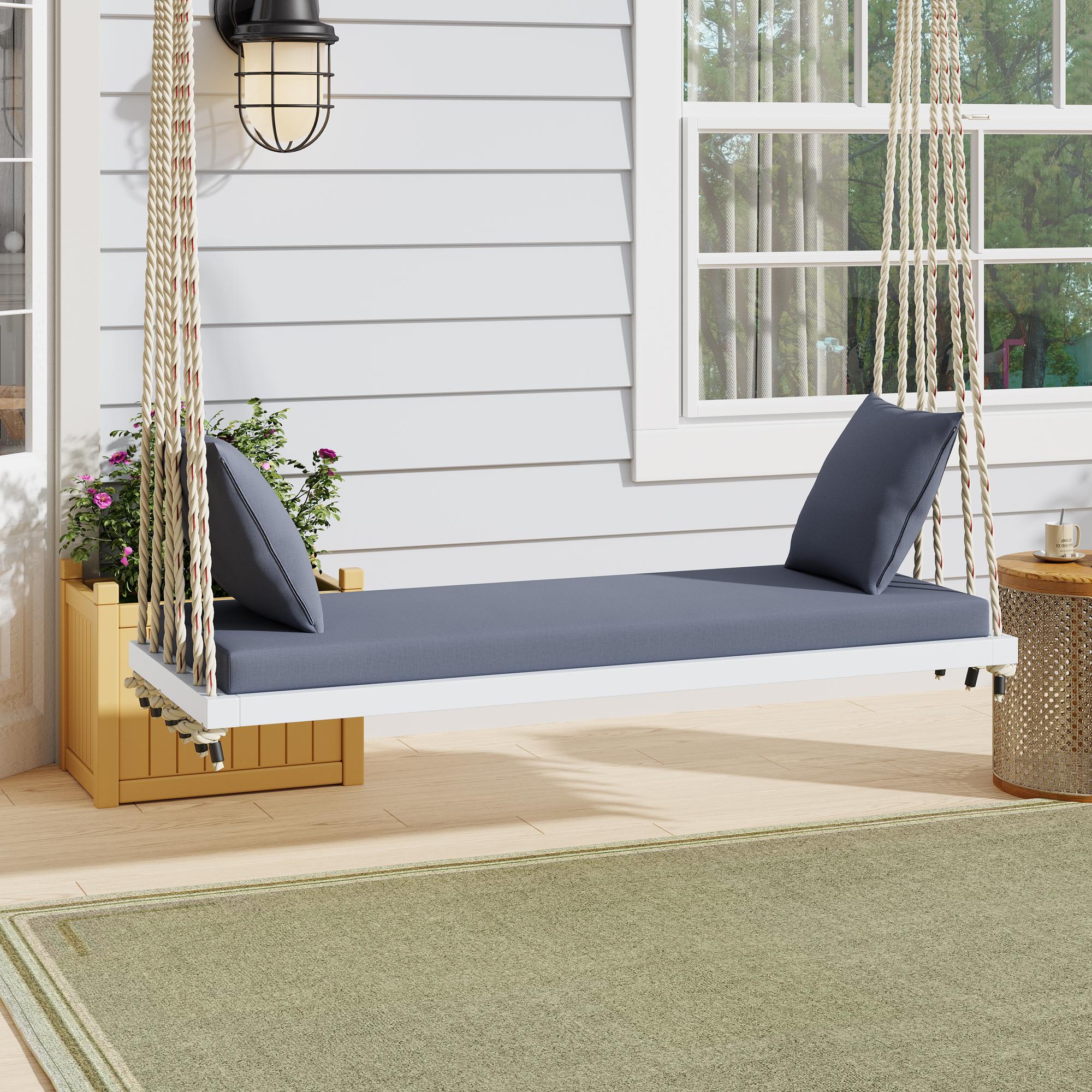 Patio Wooden Swing Chair with 10.8FT Hemp Rop, Hanging Acacia Wood Porch Swing with Cushion & Pillow, 63'' L x 23.5 W x 2'' H, White
