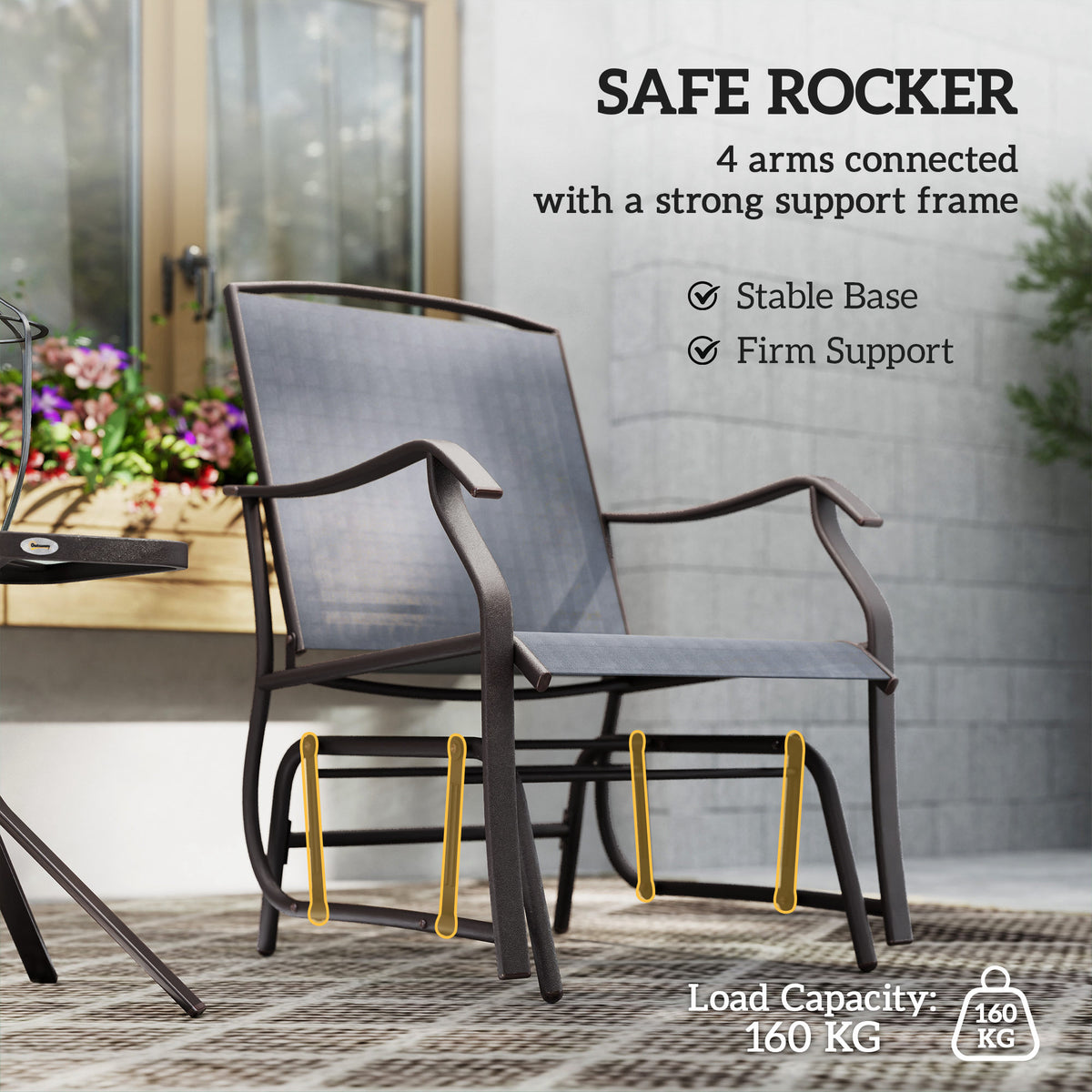 3 Piece Outdoor Glider Chair with Coffee Table Bistro Set, 2 Patio Rocking Swing Chairs with Breathable Sling Fabric, Glass Tabletop, for Backyard, Garden and Porch, Gray