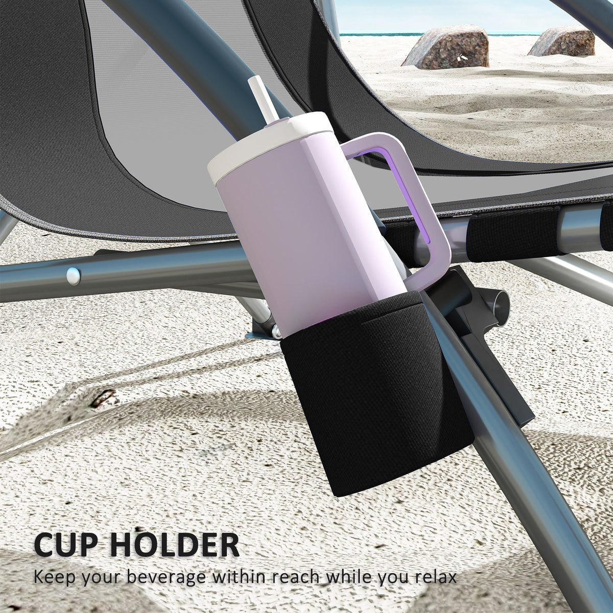 Set of 2 Folding Beach Chairs with Mesh Back, Carry Bag and Cup Holder for Outdoor Camping Lawn Sports Picnic, Black